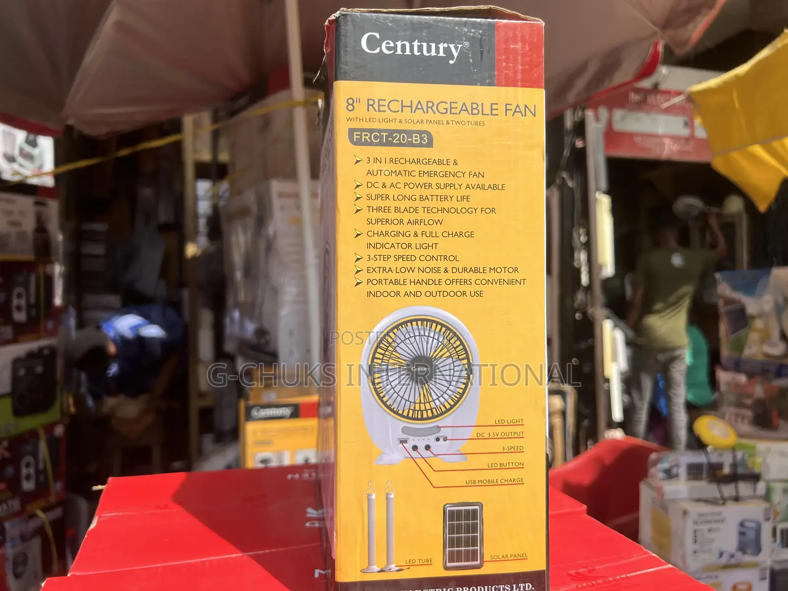 Century 8" Rechargeable Fan With Solar Panel and 2 Led Tubes