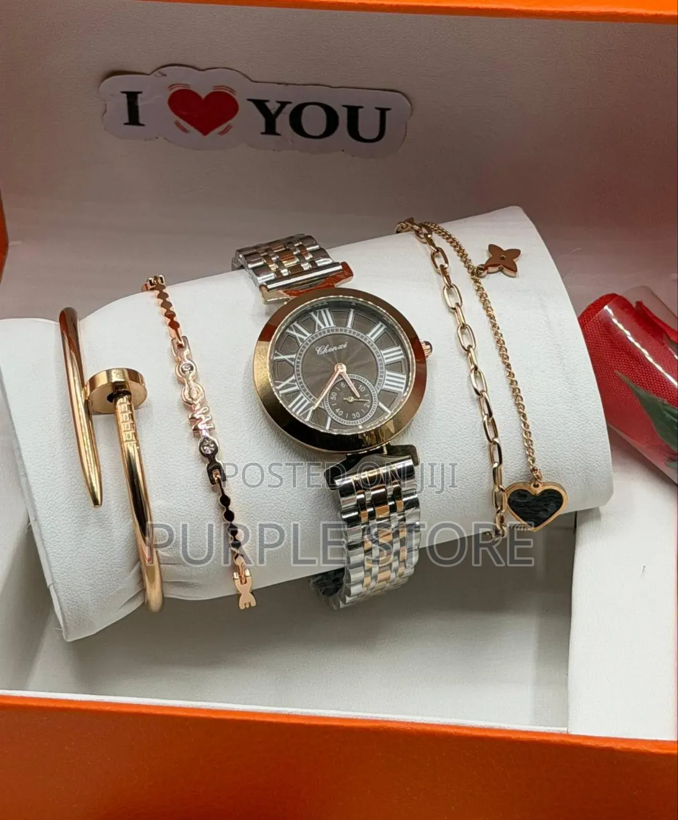 Chenxi Watch and Bracelets Val Gift Set With Flower, Val Card and Bag