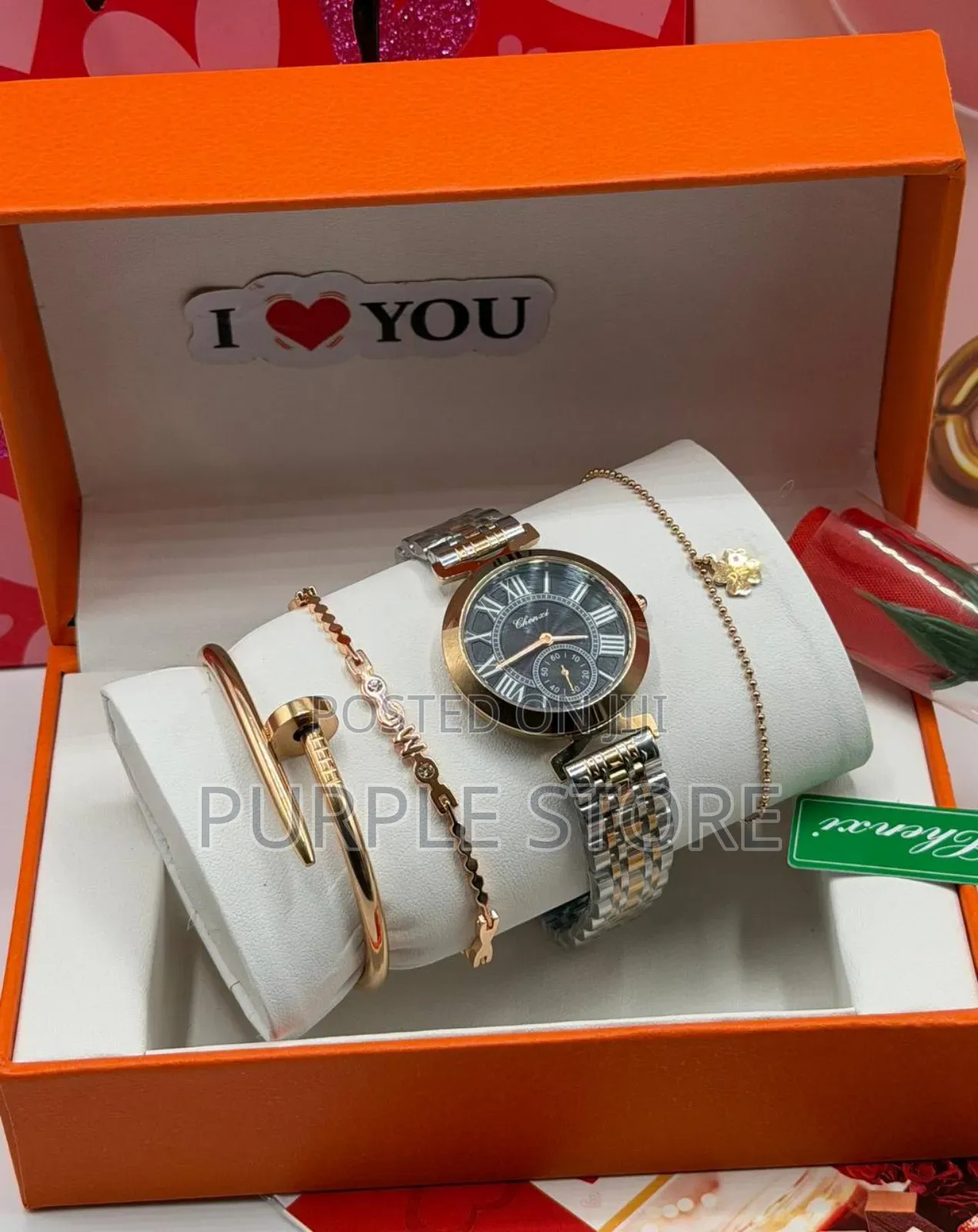 Chenxi Watch and Bracelets Val Gift Set With Flower, Val Card and Bag