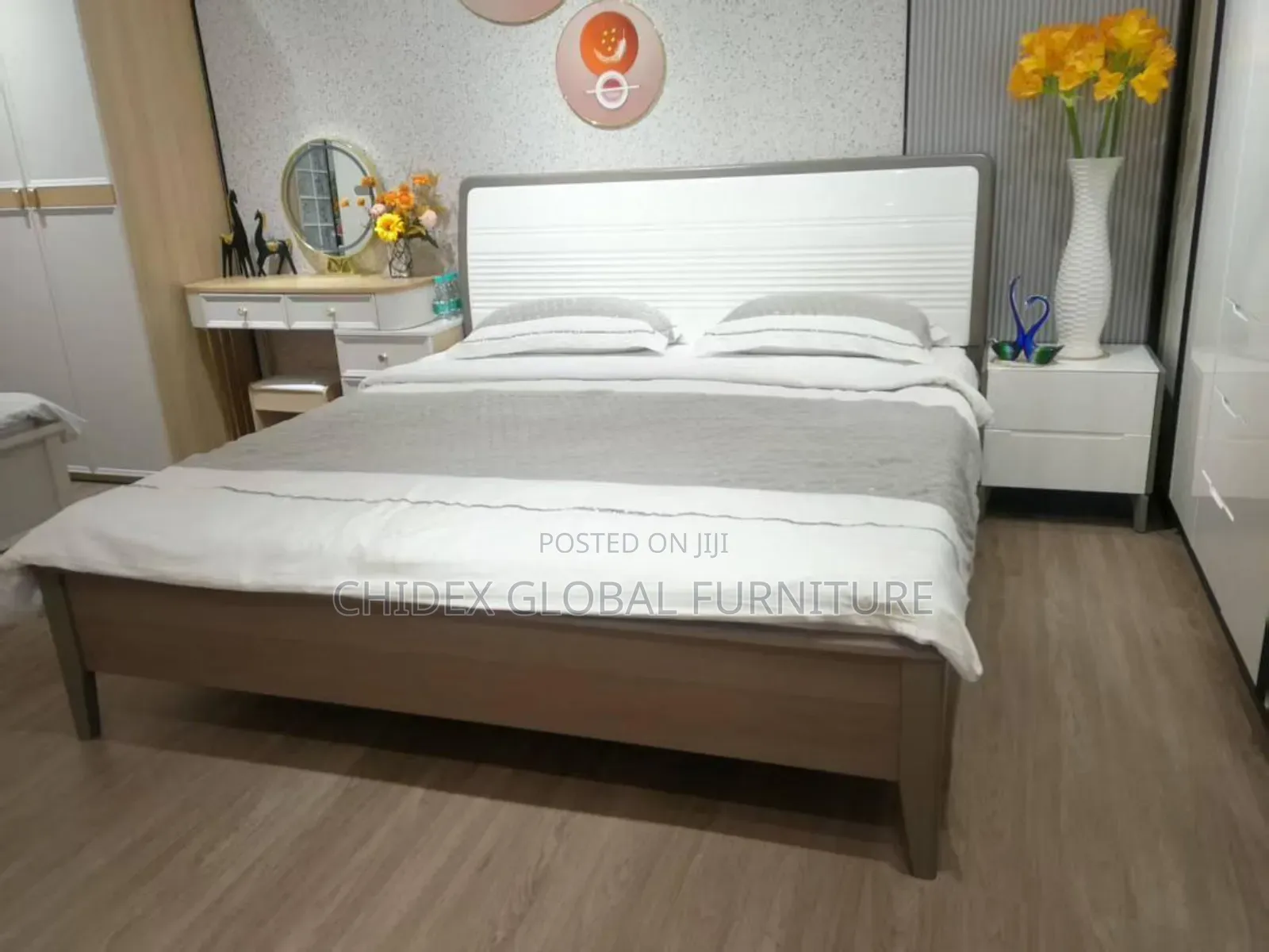 Turkish Executive Simple Bed Frame With Two Side Drawers and a Mirror