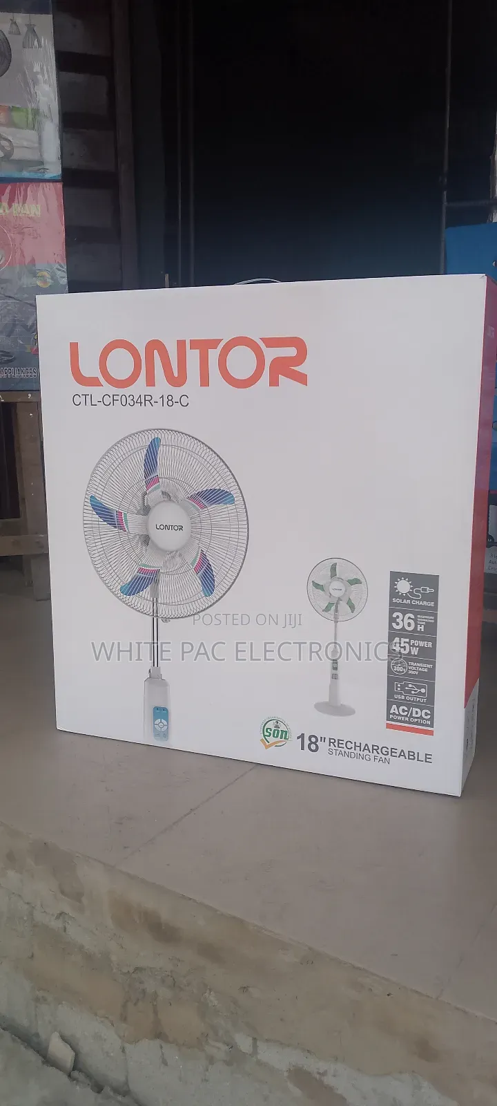 New> Lontor 18"Inch's Rechangerable Standing Fan Solar Changer > 2 Yrs
