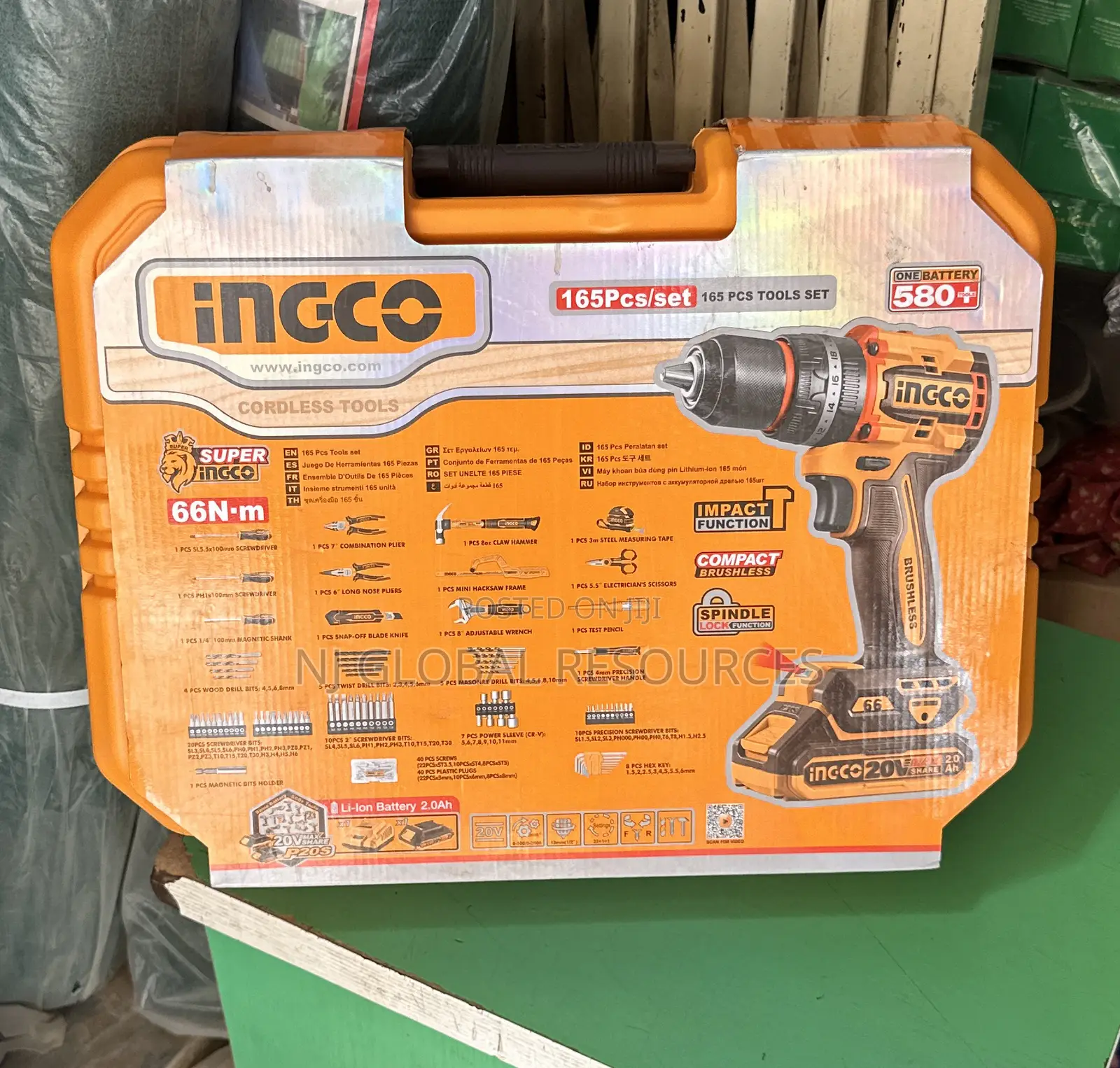 Ingco Tools Box Kit Set 165pcs With 20v Impact Cordless Drill