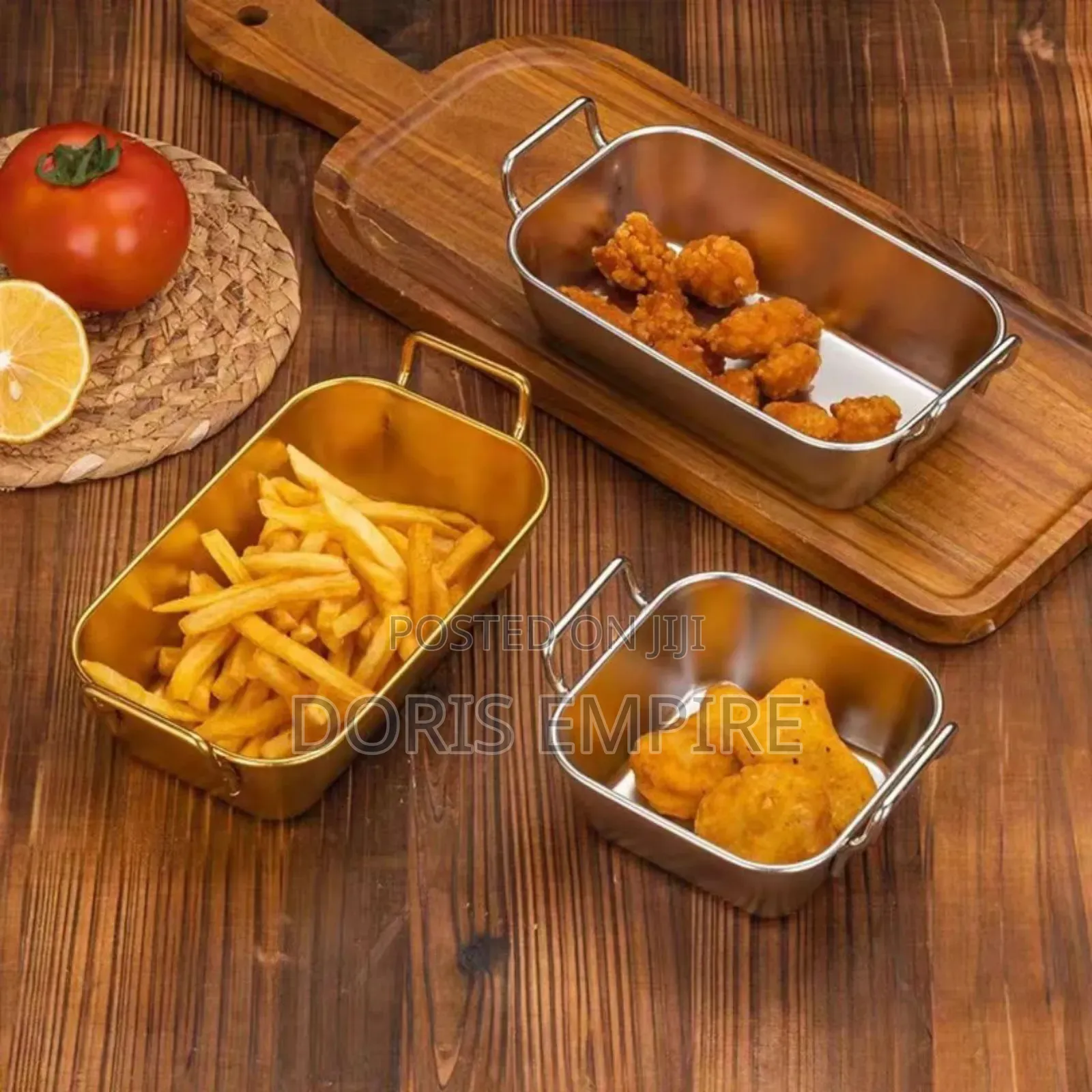 Stainless Steel Gold Serving Plate for Chicken and Chips.
