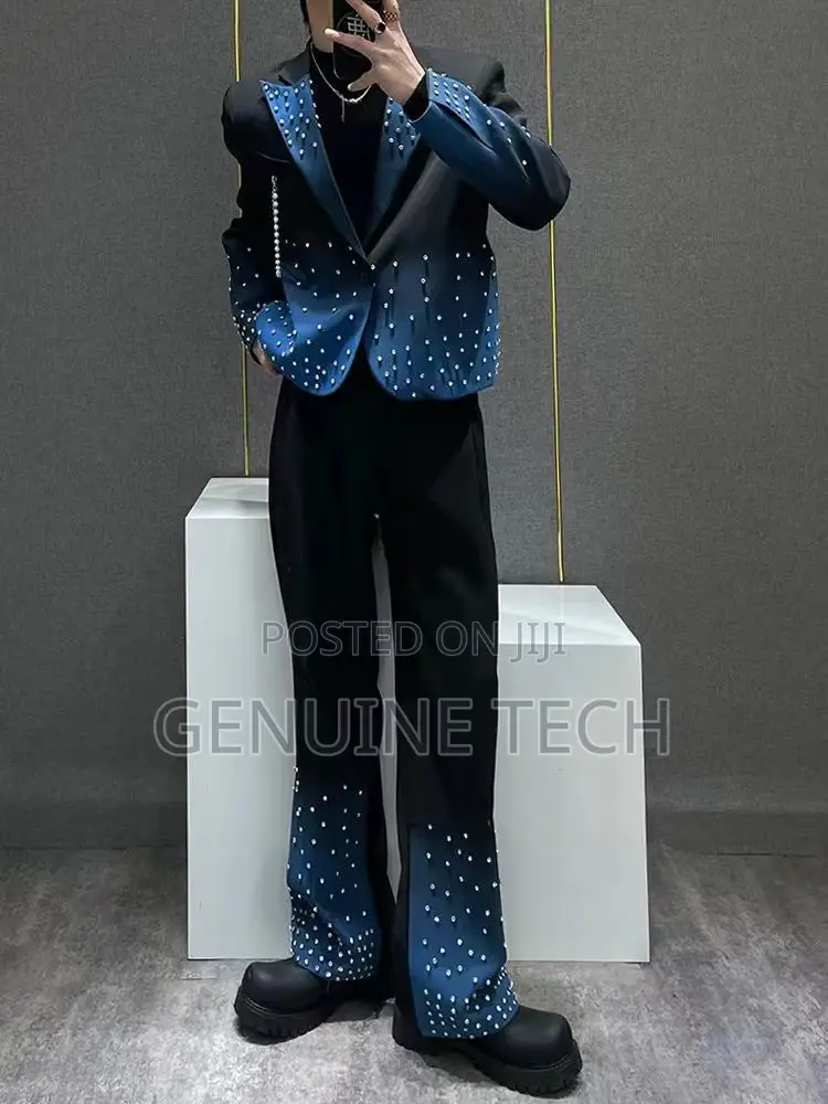 *Stylish Diamond Studded Suit Blazer With Flare Pants