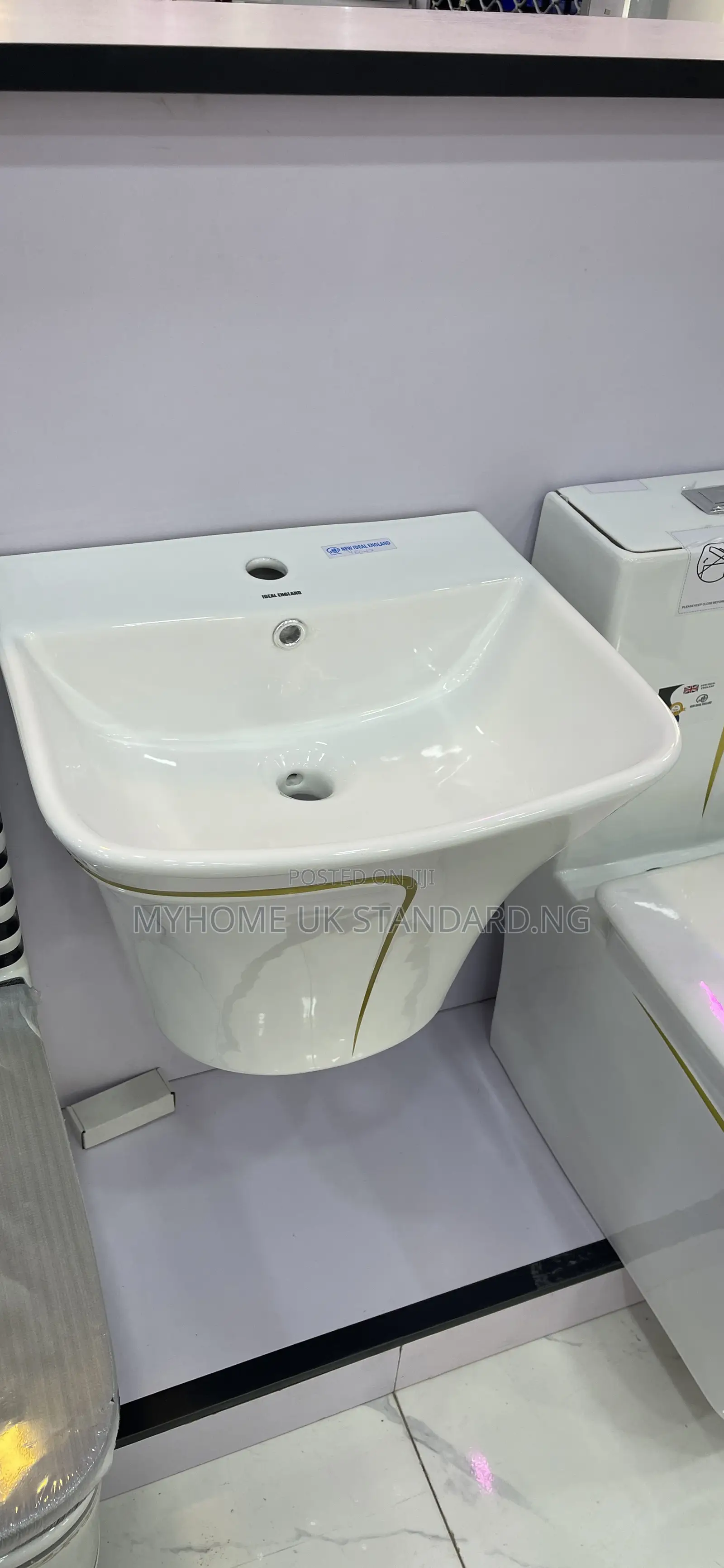 Original White And Gold England Toilet Seat With Suspended Basin