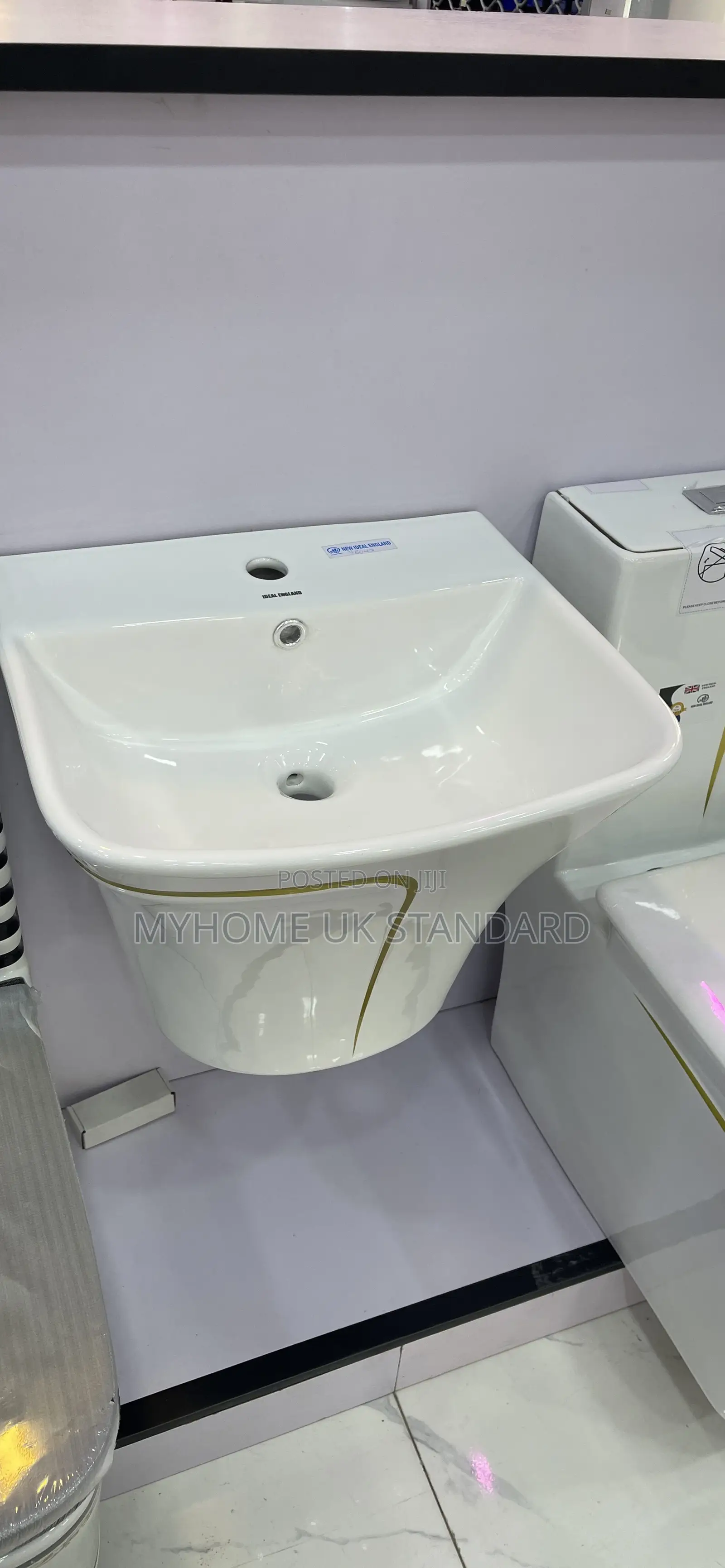 Original White And Gold England Toilet Seat With Suspended Basin
