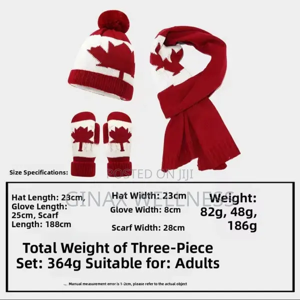 -Piece Canadian Maple Leaf-Designed Set With Beanie, Scarf and Mittens