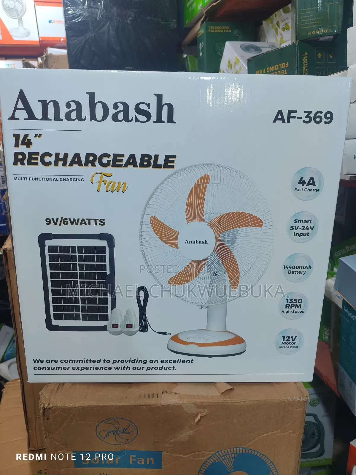 Anabash 14" Rechargeable Fan