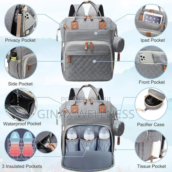 Multifunctional Diaper Bag With Foldable Bed, Changing Mat, Etc