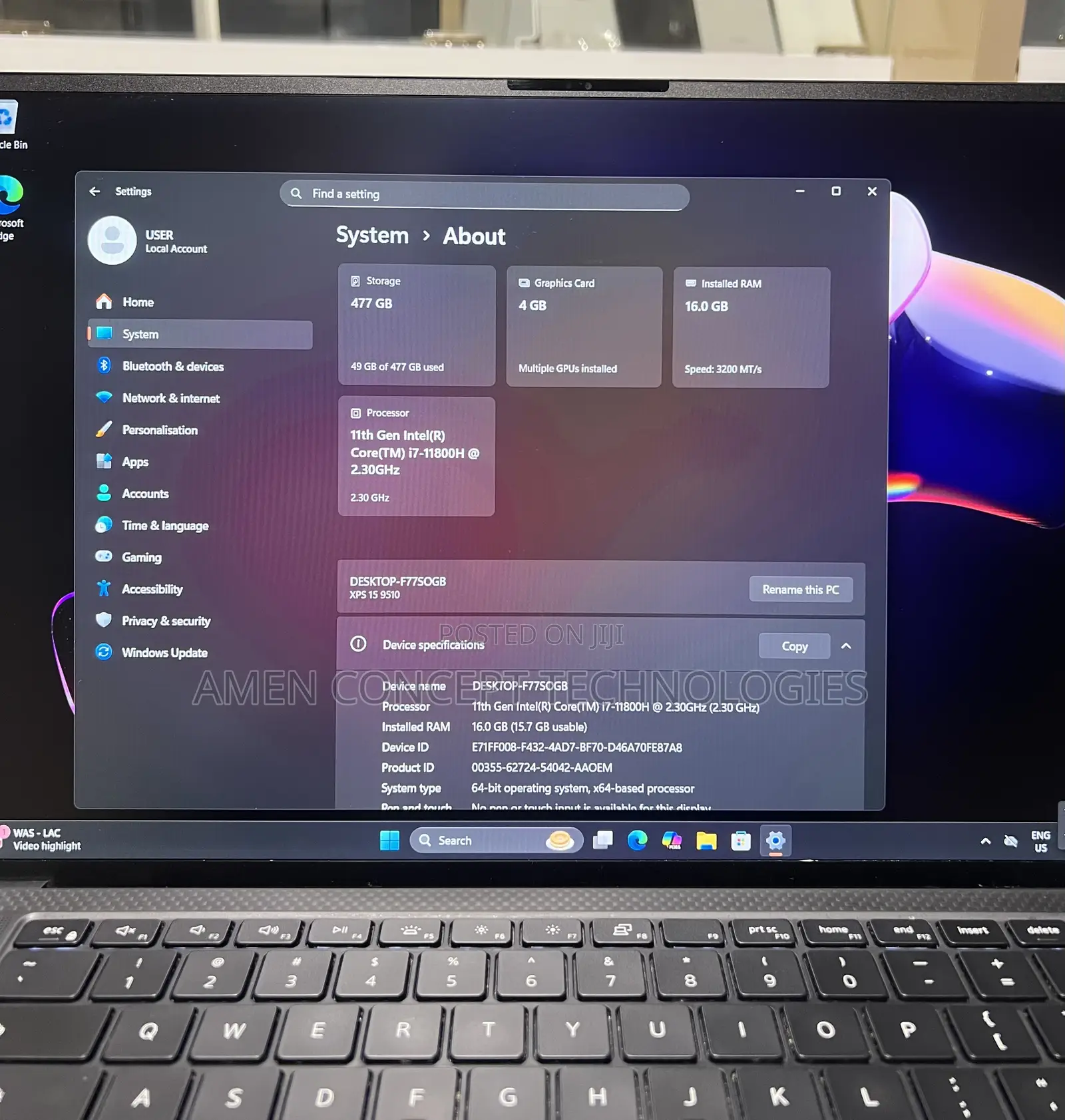 Laptop Dell XPS 15 9510 16GB Intel Core I7 SSD 512GB