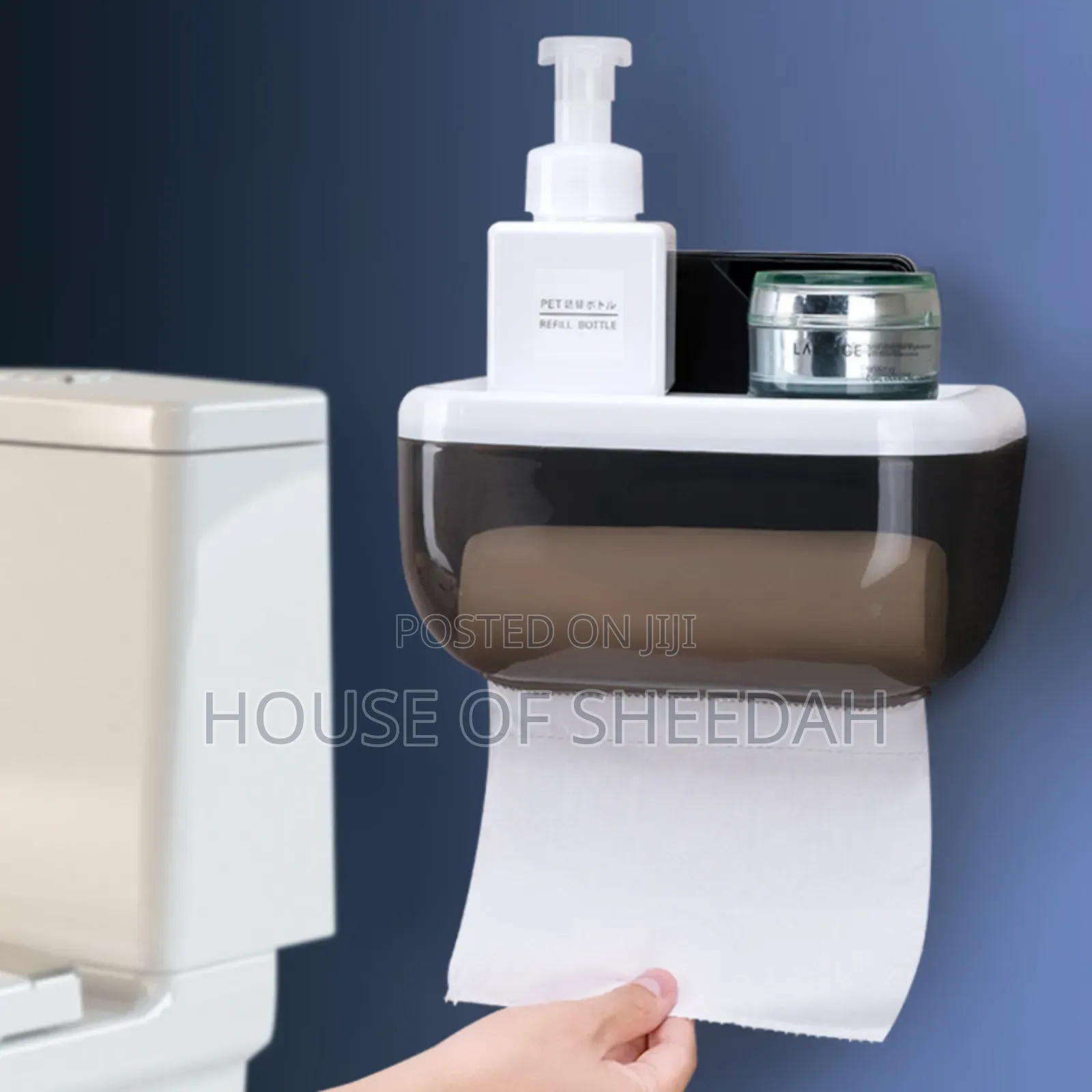 Wall Mounted Toilet Paper Dispenser With a Storage Shelf.