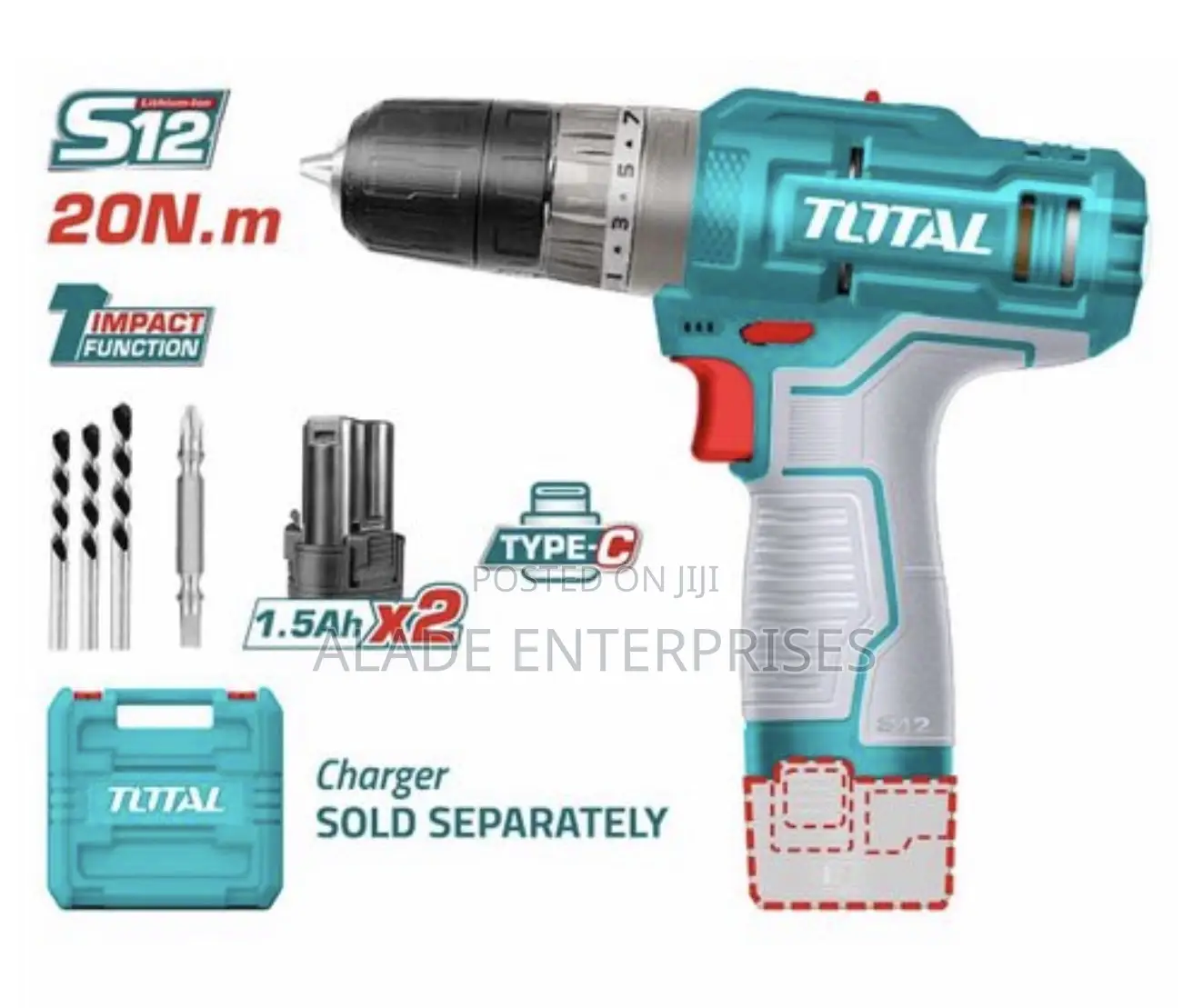 Total Cordless Impact Drill Li-ion 12v / 1.5ah / 20nm / 2 Battery