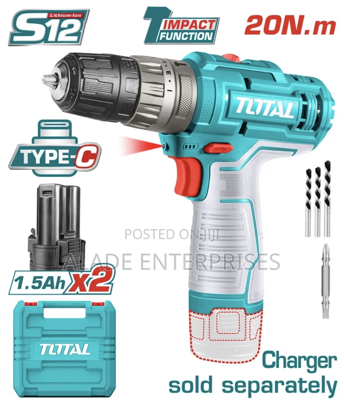 Total Cordless Impact Drill Li-ion 12v / 1.5ah / 20nm / 2 Battery