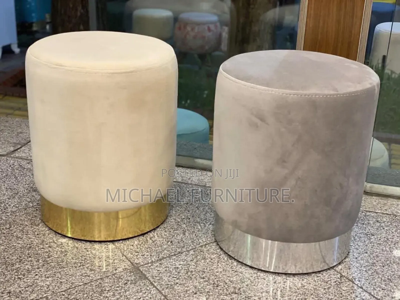 Round Velvet Ottoman With Gold and Silver Base