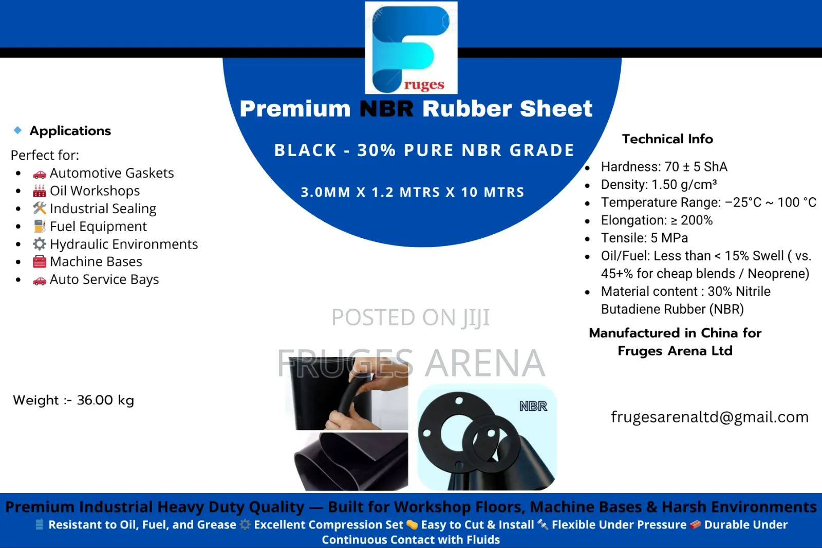 Industrial NBR Rubber Sheet – Black (30% Nbr, 3mm × 1.2m × 10m)