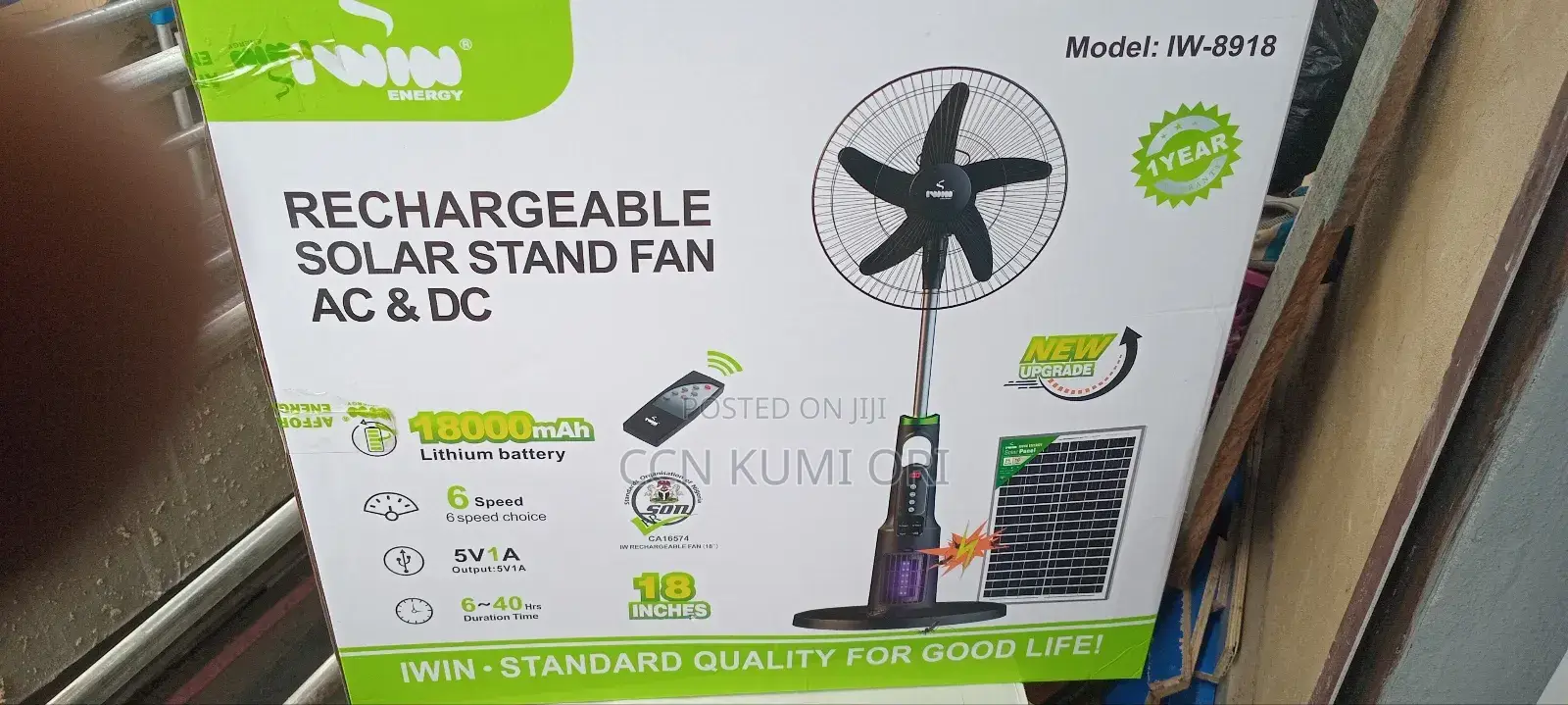 Iwin Energy 18-Inch Rechargeable Solar Stand Fan Ac/Dc