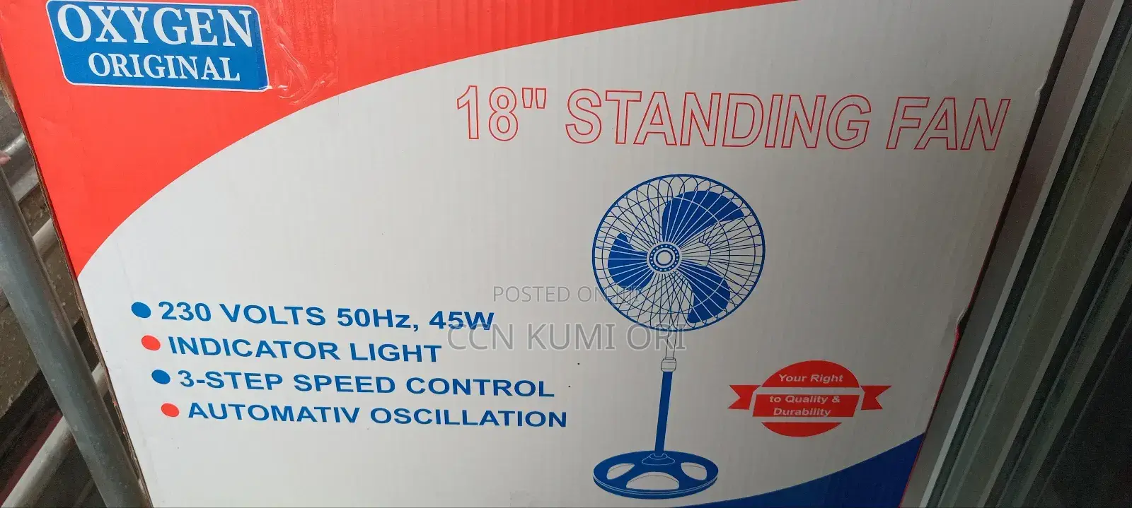 Oxygen Original 18-Inch Standing Fan . Indication Light With 3 Speed.