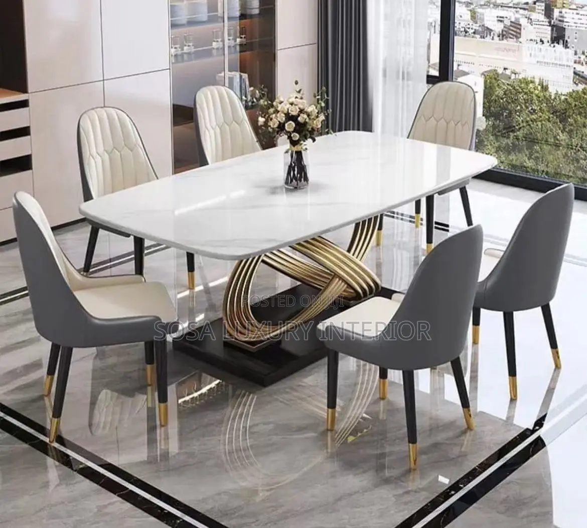 Modern Marble Dining Set With Gold Sculpted Base