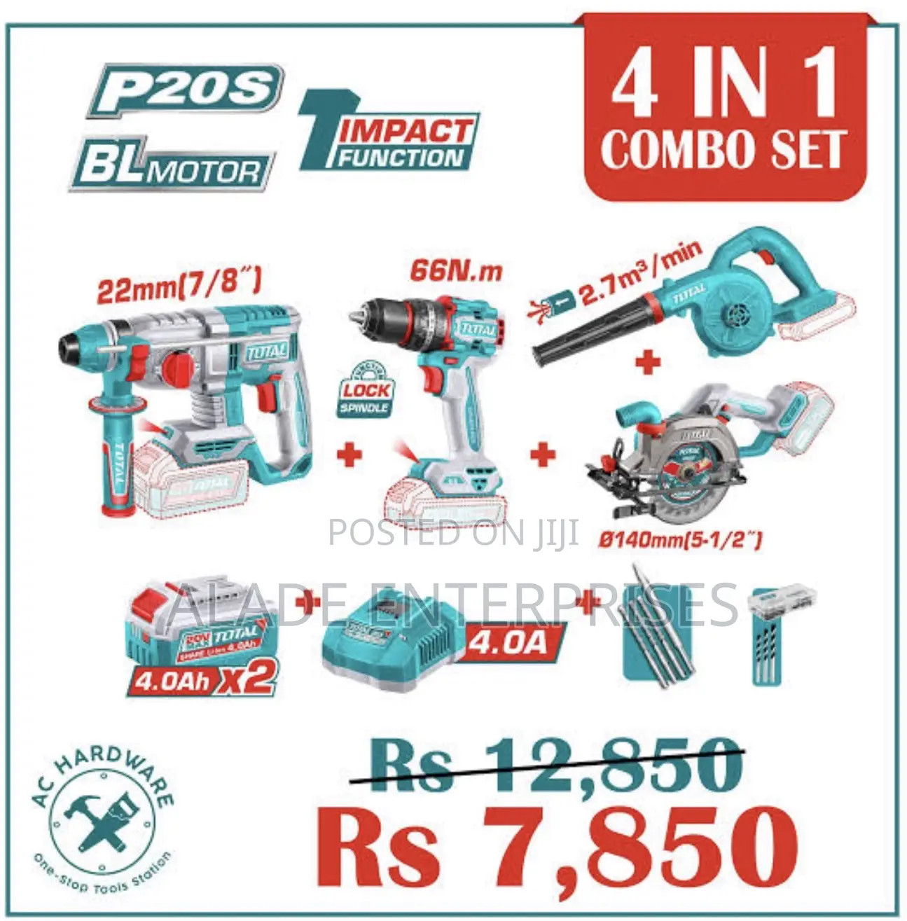 Total 4in1 Combo Kit With Circular Saw,Rotary Hammer,66nm Drill,Blower