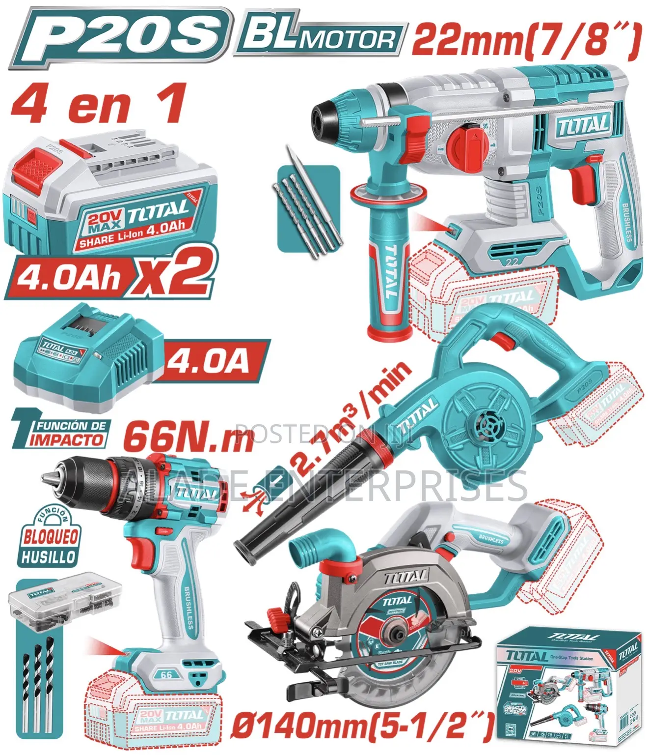 Total 4in1 Combo Kit With Circular Saw,Rotary Hammer,66nm Drill,Blower