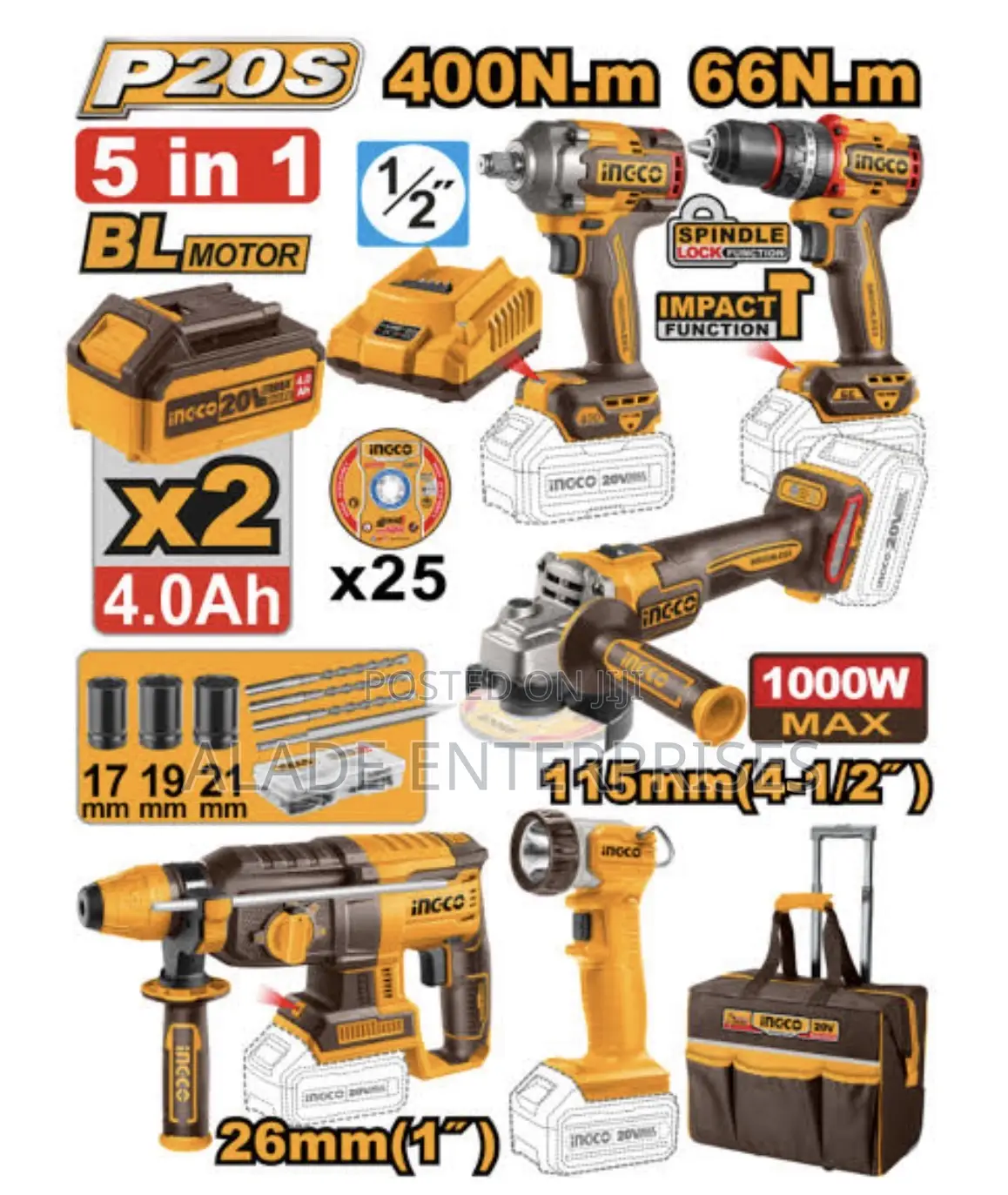 Ingco 5in1 Combo Kit Hammer, 66nmdrill, Grinder, Torch, Impact Wrench