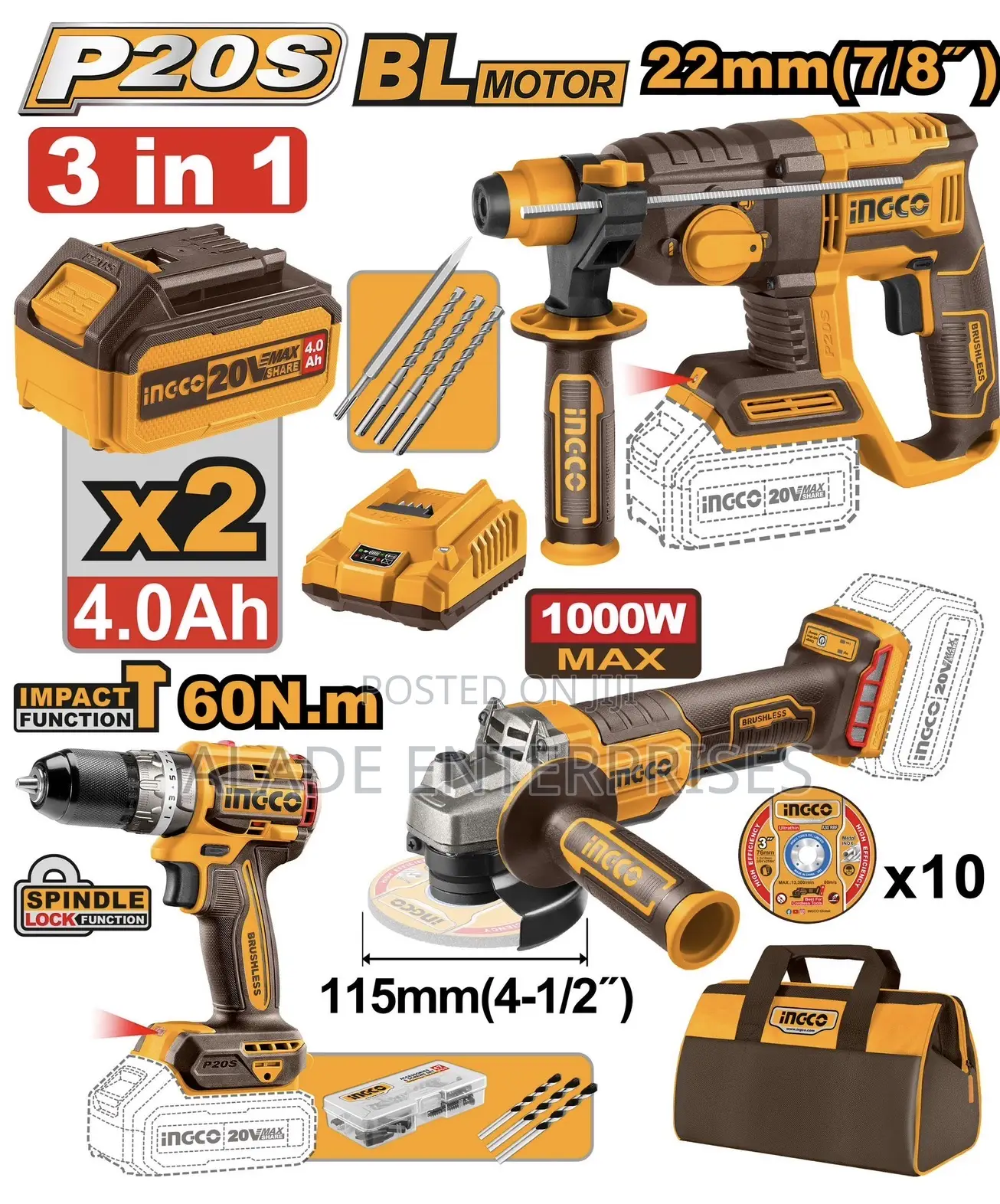Ingco Industrial 3pcs Combo 3in1 Rotary Hammer Kit