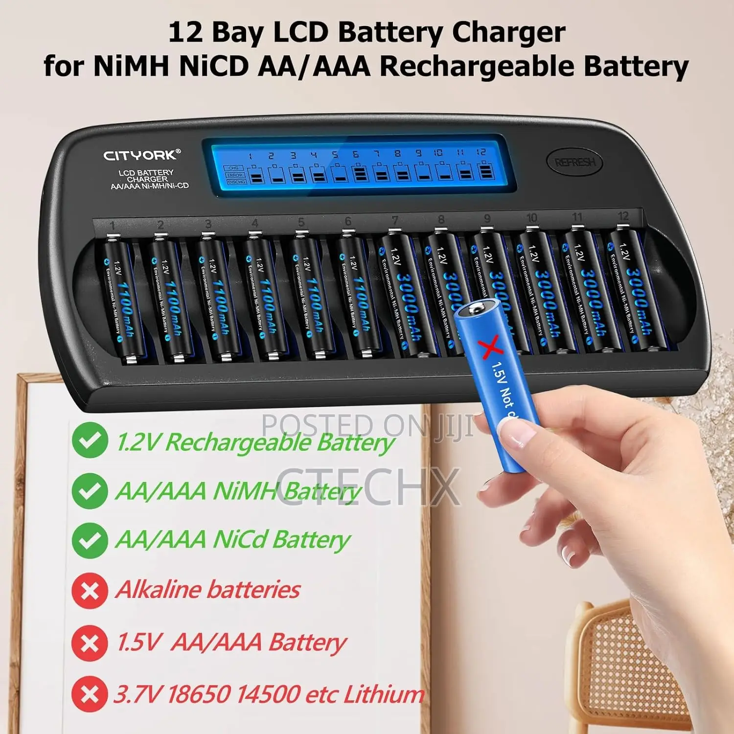 Cityork 12 Bays Smart Battery Charger, Aa, Aaa, Ni-Mh, Ni-Cd Batteries