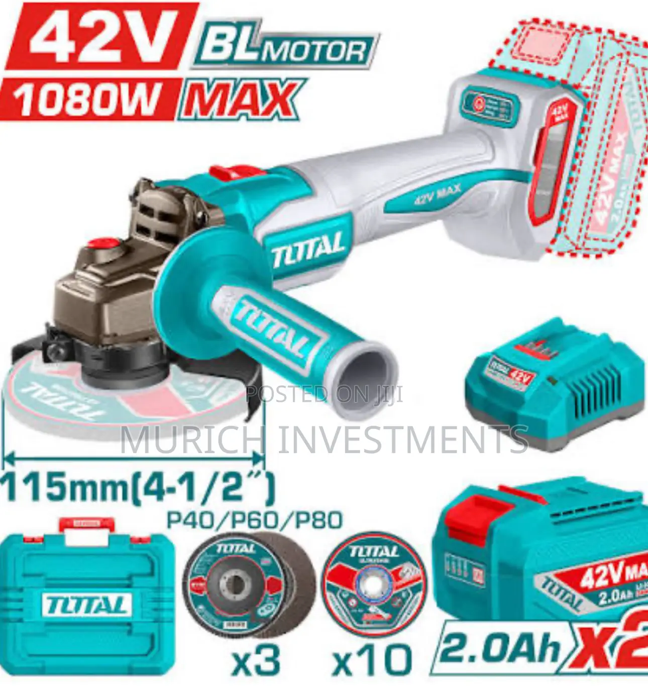 Total 42v Brushless Angle Grinder, 1080w, 115mm
