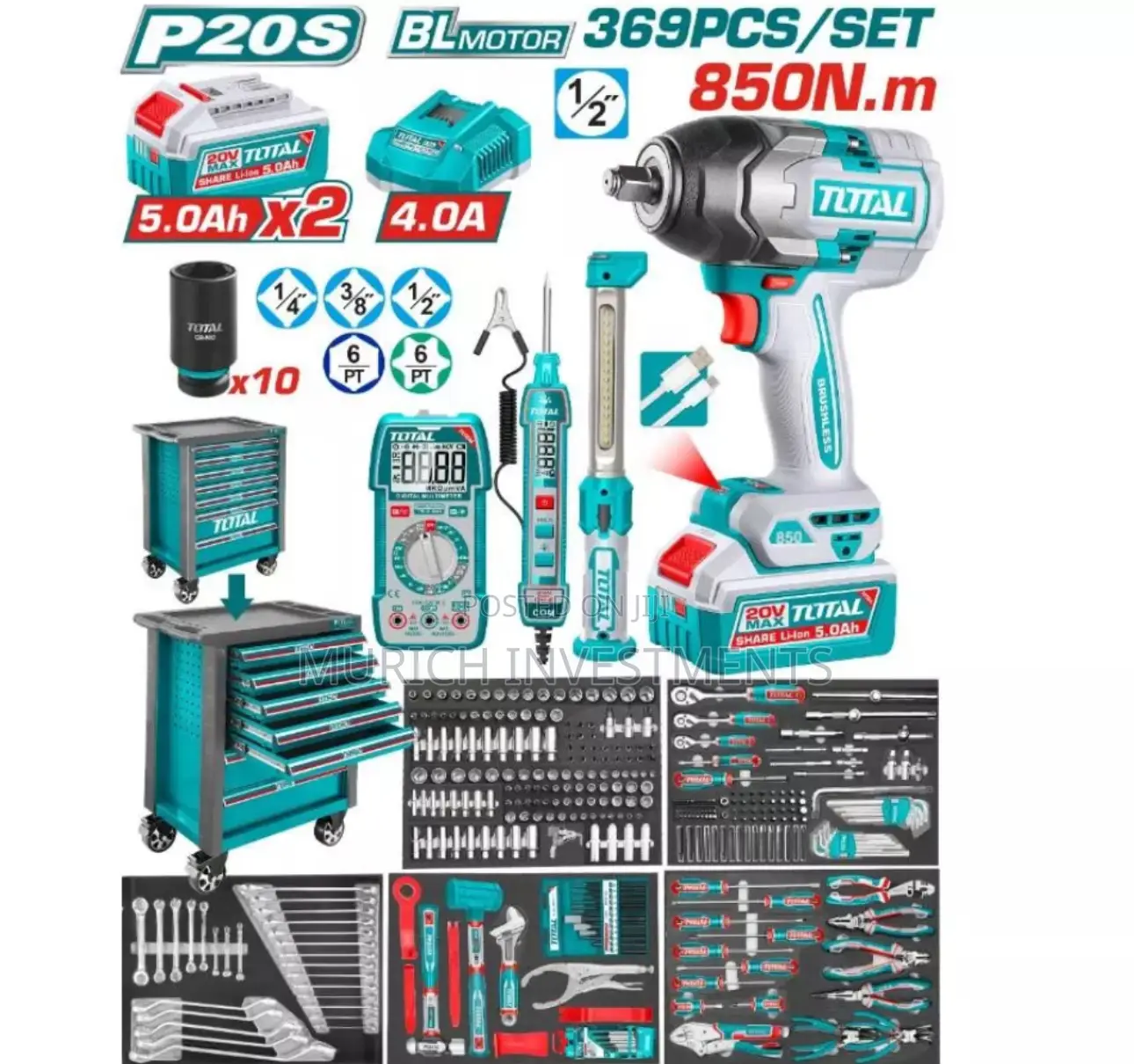 369pcs Professional Tool Chest Set + Cordless Impact Wrench (850nm)