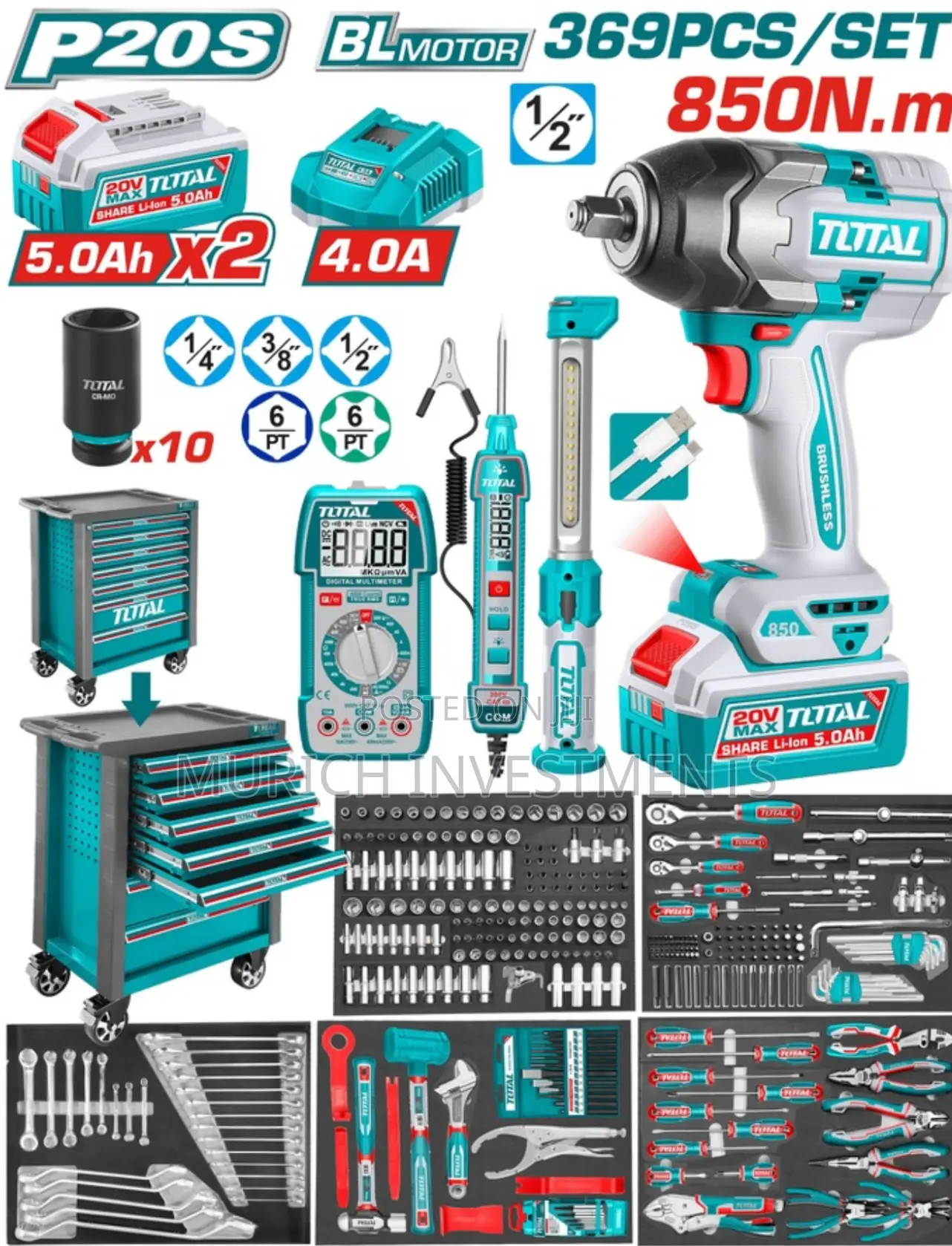 369pcs Professional Tool Chest Set + Cordless Impact Wrench (850nm)