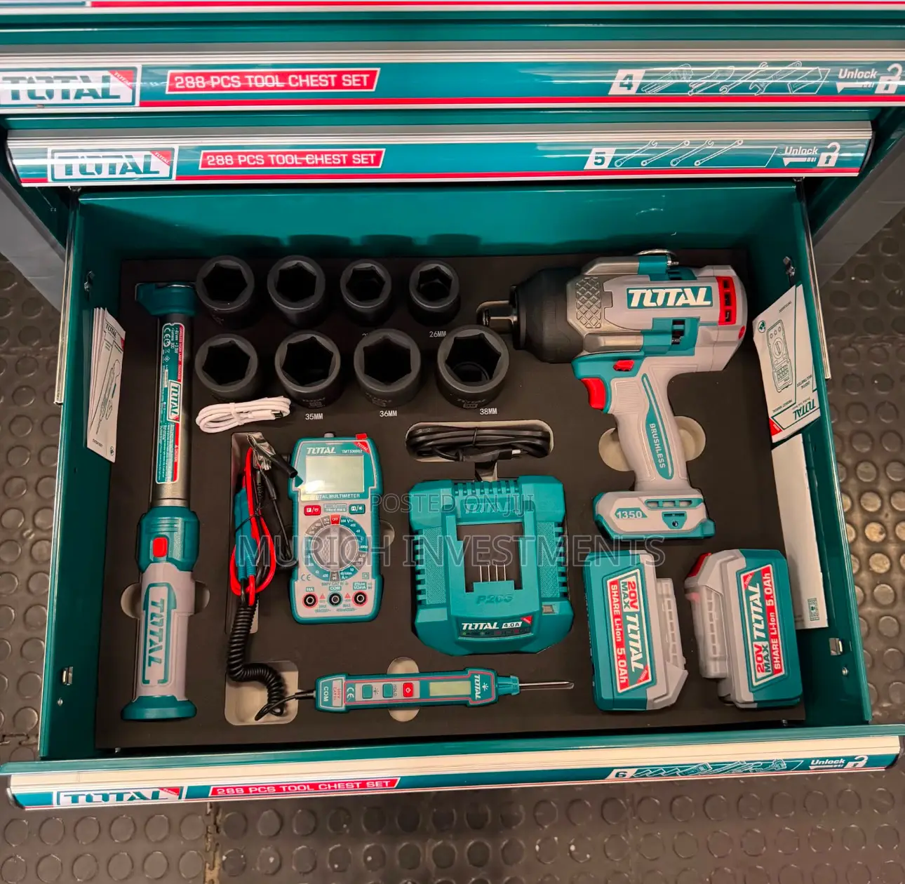 Total 288pcs Tool Chest Set + 3/4′′ 1350nm Cordless Impact Wrench