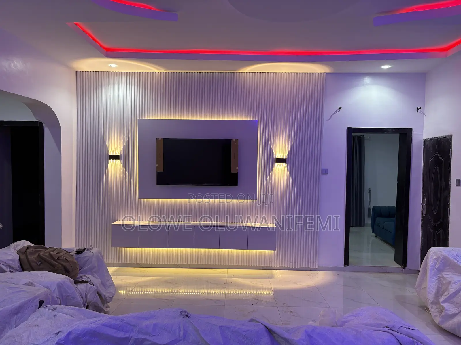 White Tv Console Design With Fluted Panels