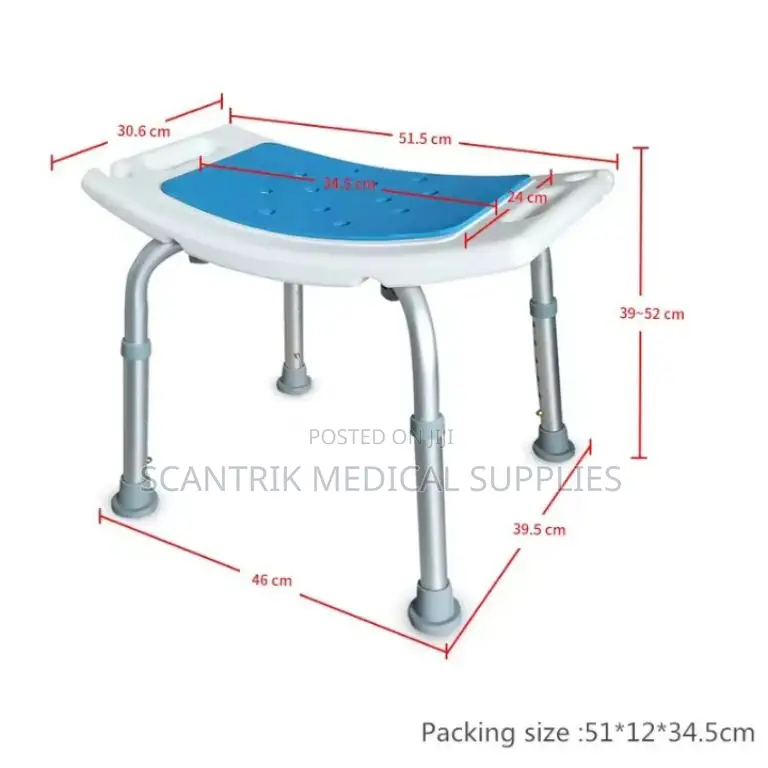 Adjustable Bathroom Shower Chair With Blue Cushion Seat