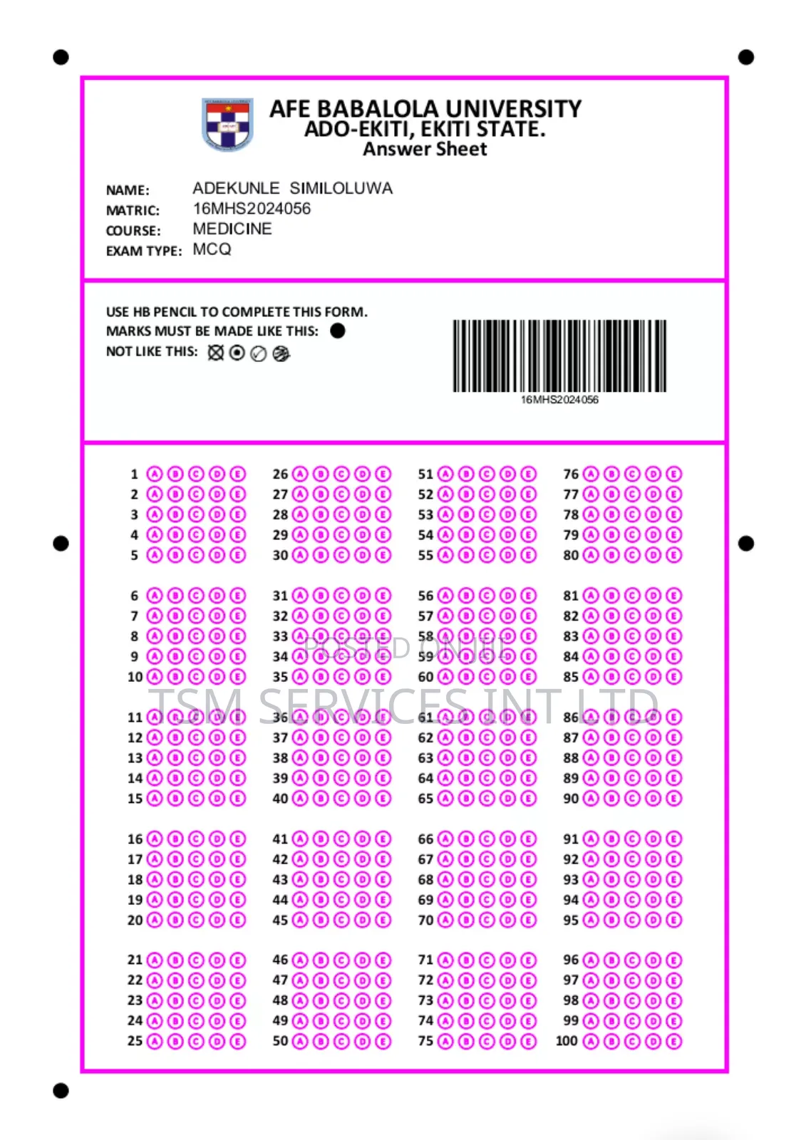 Answer Sheets for Omr Solution