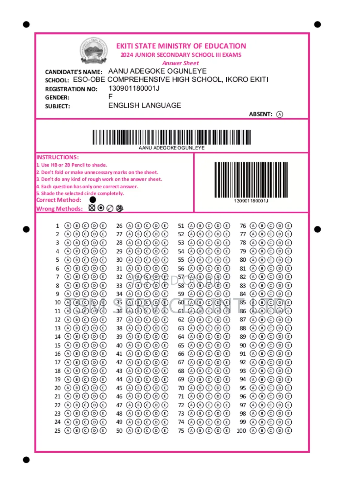 Answer Sheets for Omr Solution