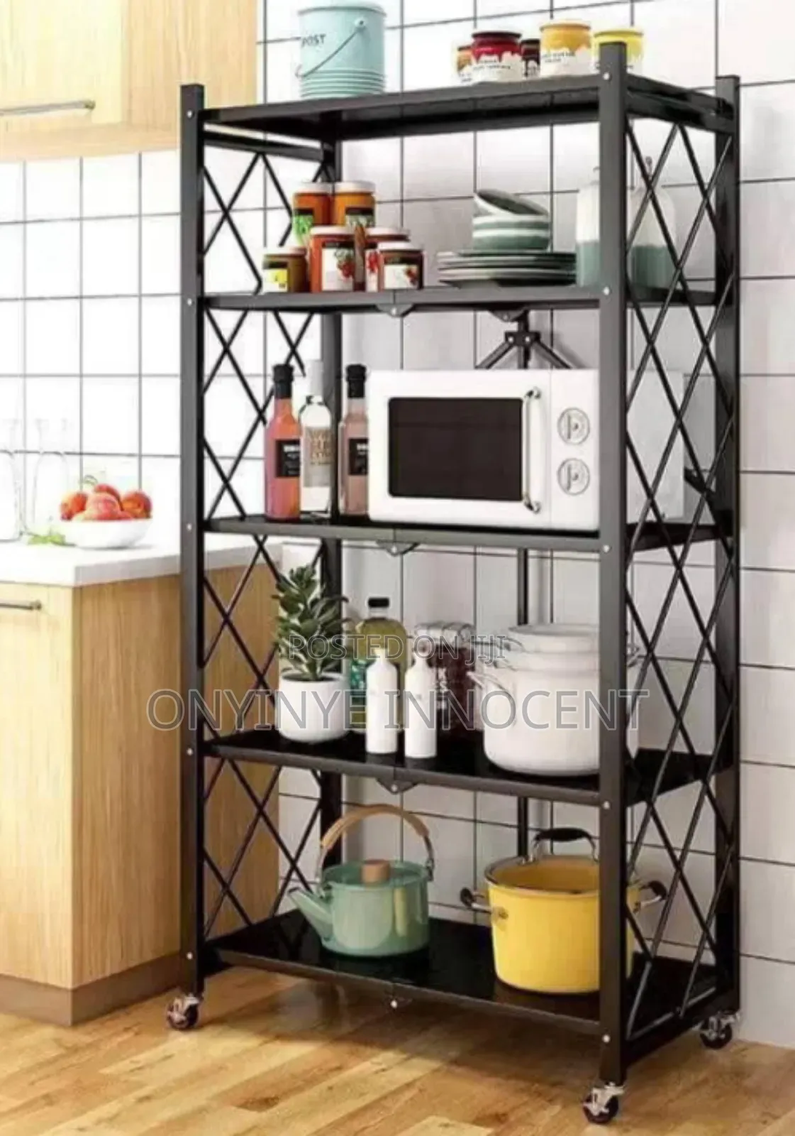 5-Tier Black Metal Kitchen Storage Rack Shelf With Wheels – Heavy Duty