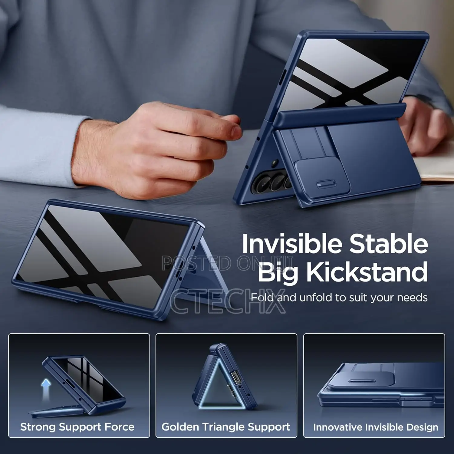 Samsung Galaxy Z Fold 7 Case Invisible Kickstand [4-Card Holder] Blue