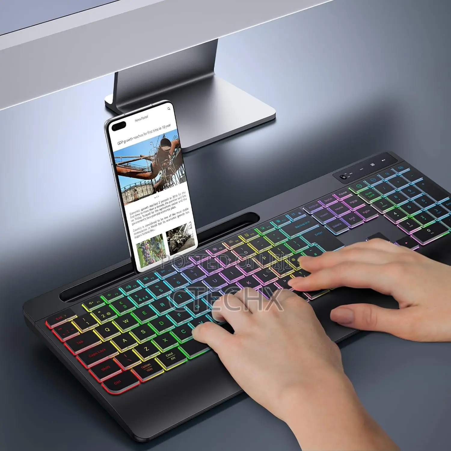 Tecurs 2.4g Wireless Gaming Keyboard Wirst Rest With Phone Holder, Led