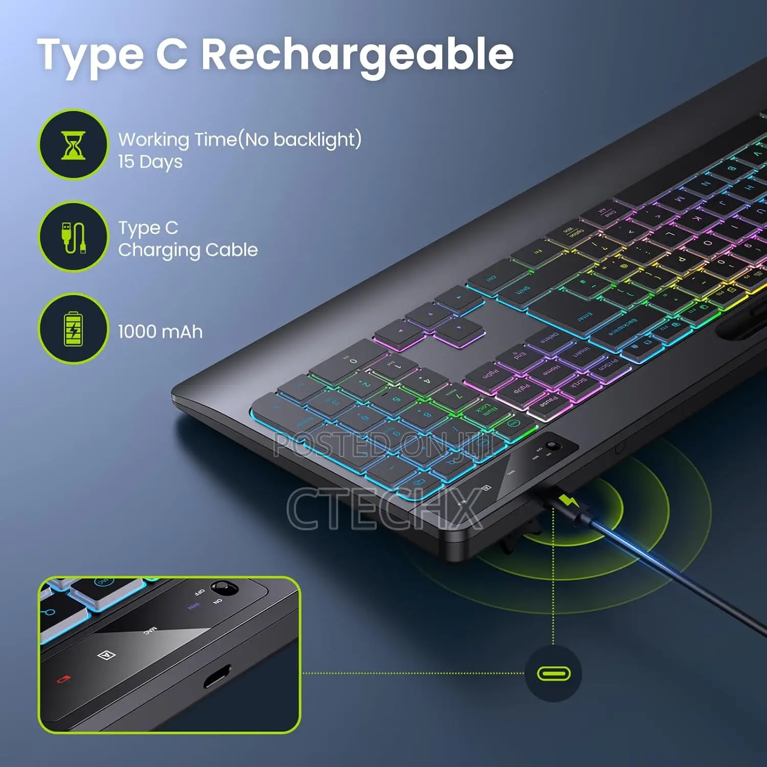 Tecurs 2.4g Wireless Gaming Keyboard Wirst Rest With Phone Holder, Led