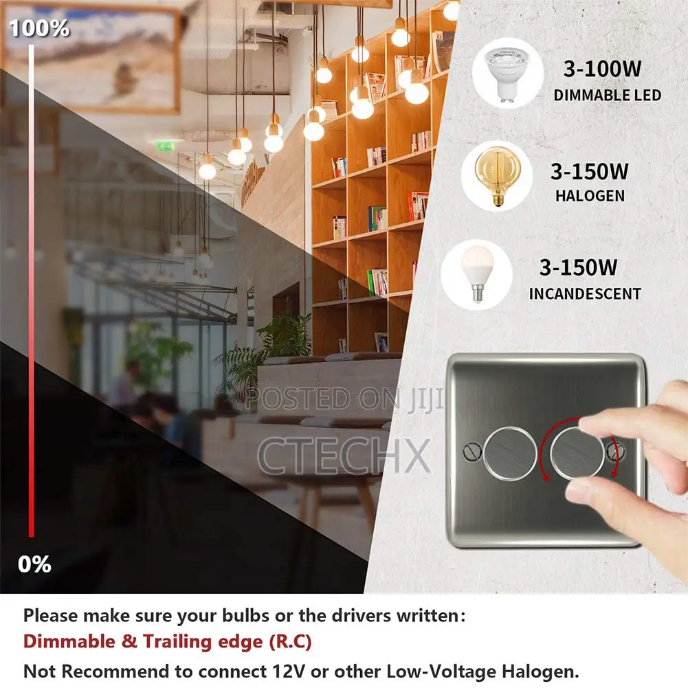 Led-dimmer-switch 2 Gang 2-way, Push On/Off Rotary For Dimmablebulbs