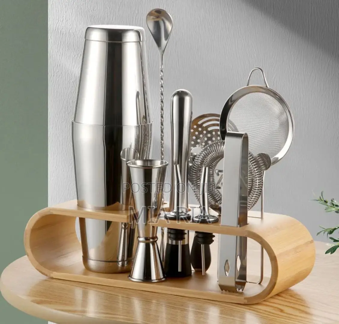 Stainless Steel Boston Shaker Bar Accessories Kit With Wooden Base