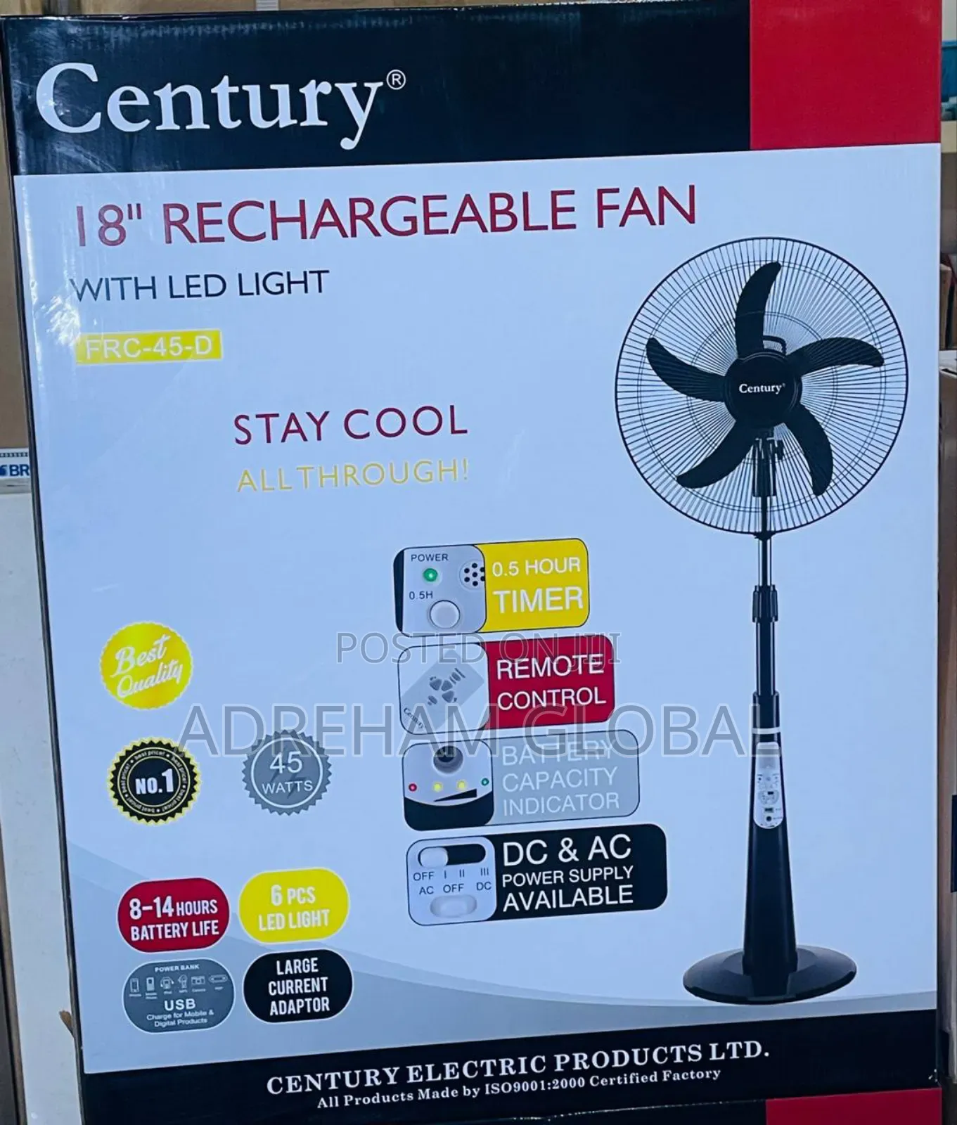 Century 18inches Rechargeable Fan With Led Light Souv