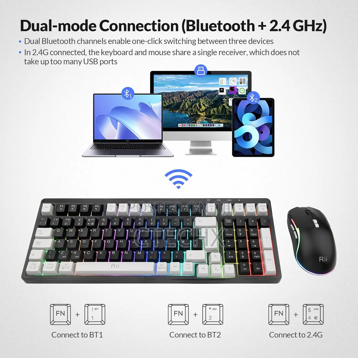 Rii Rk301 2.4g+Bluetooth Wireless Keyboard and Mouse Rgb, Rechargeable