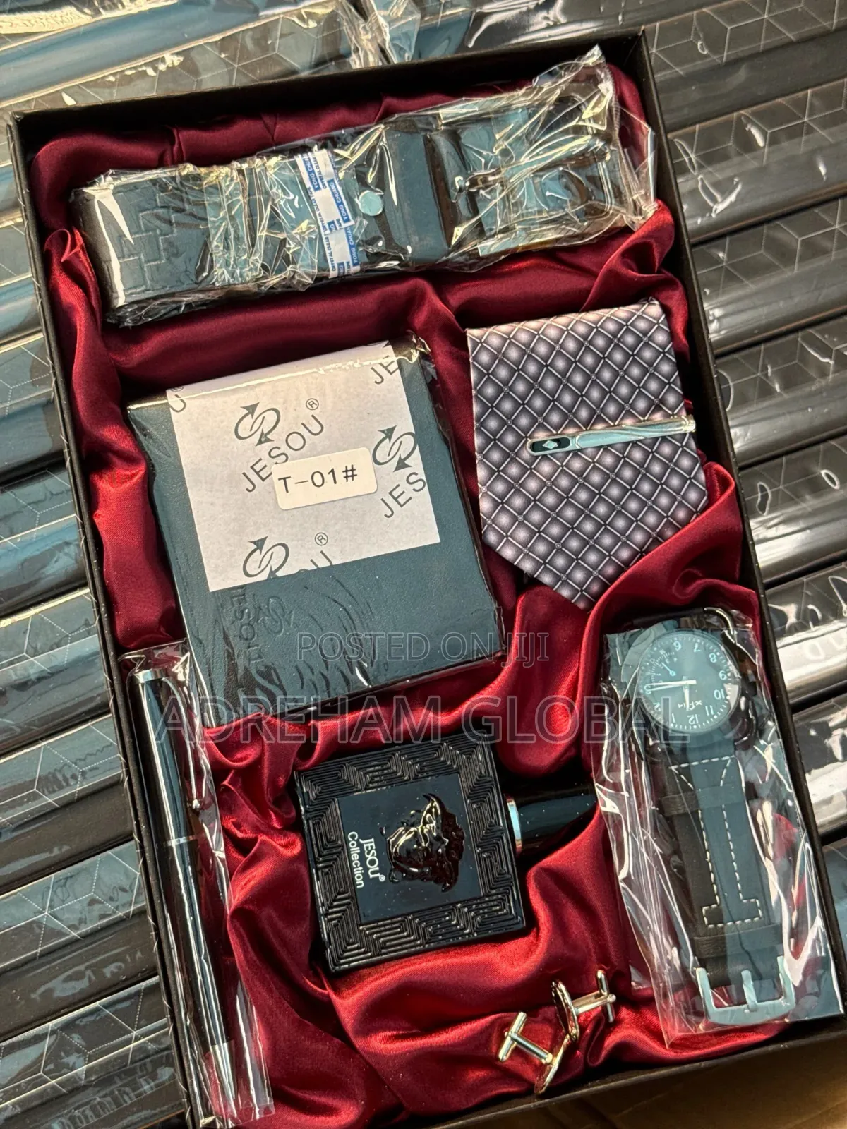 Men Gift Set Quality Leather Belt, Wristwatch,Tie, Perfume,