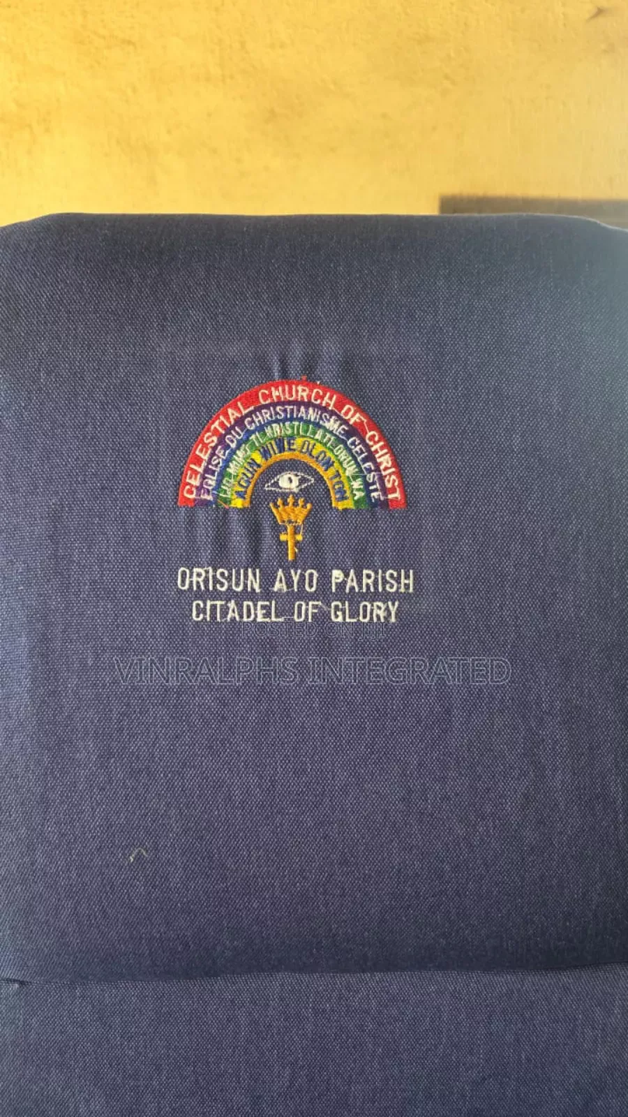Medium Sized Church Chair With Logo - Gold and Blue