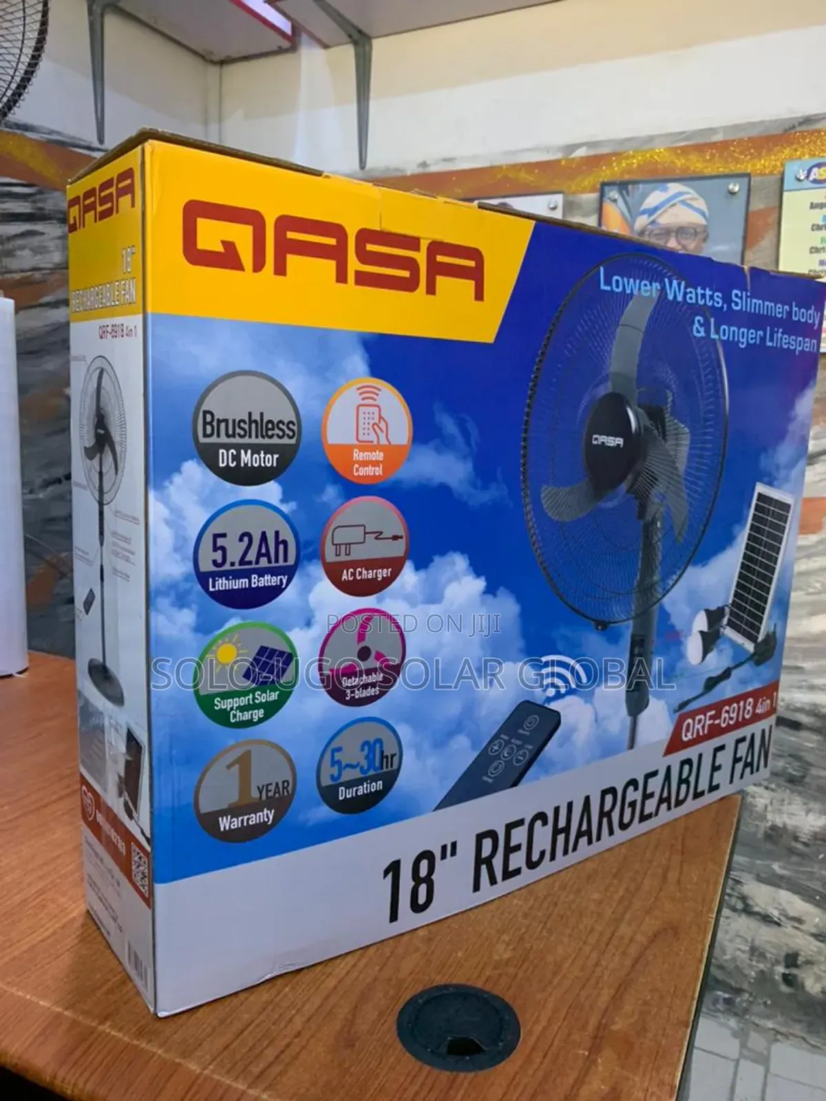 Qasa 18"Rechargeable Solar Fan(4in1)