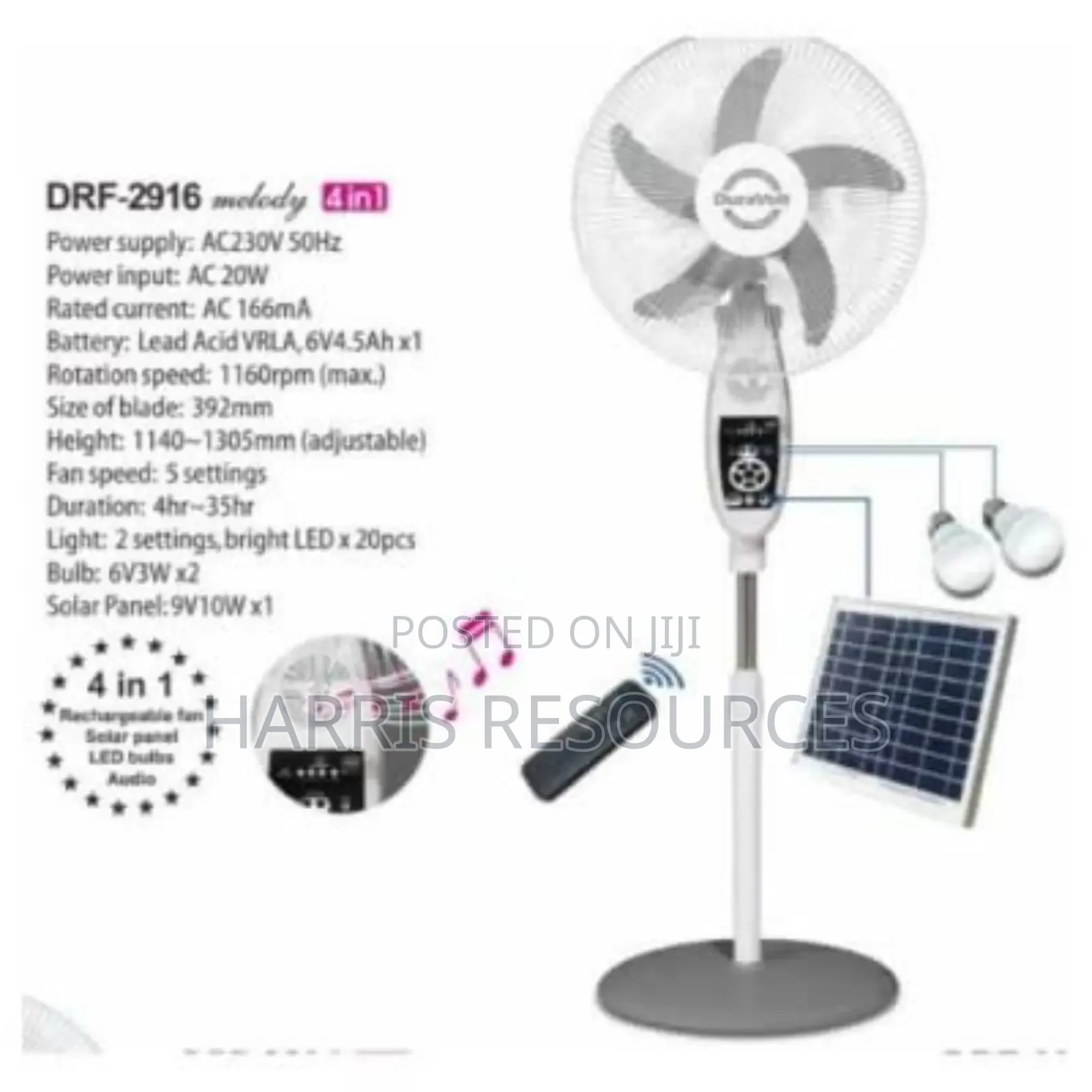 Duravolt 16 Inch Fan+ Bulbs Fan + Solar + Bluetooth DRF 2916