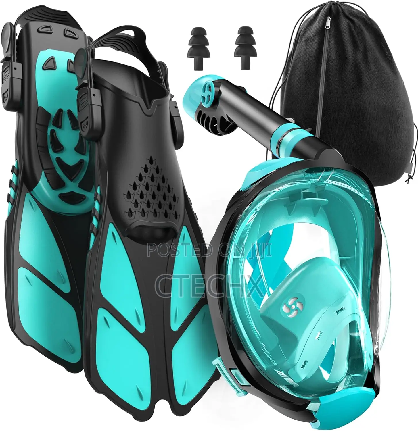 Snorkel Set Adult - Full Face Snorkel Mask Adjustable Swim Fins 180°