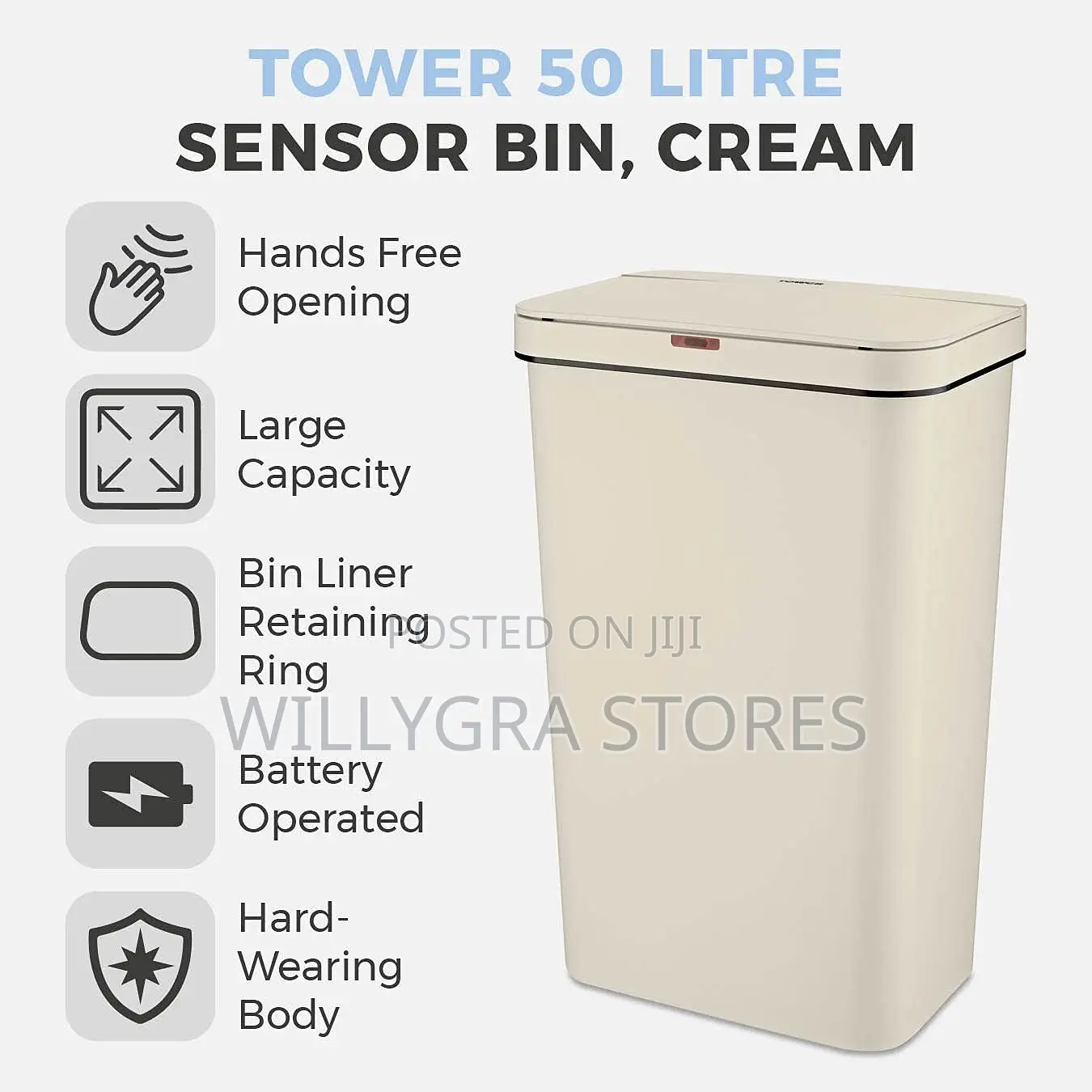 Tower 50l Sensor Bin— Cream