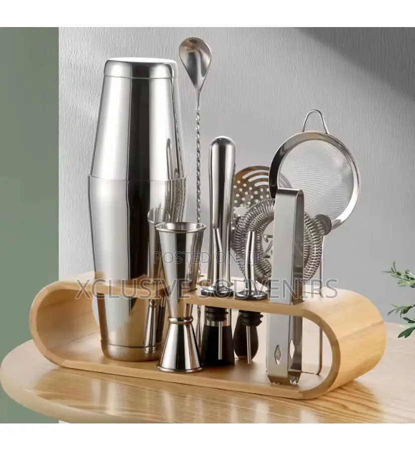 Bar Accessory Kit Stainless Steel Boston Shaker With Bamboo Rack